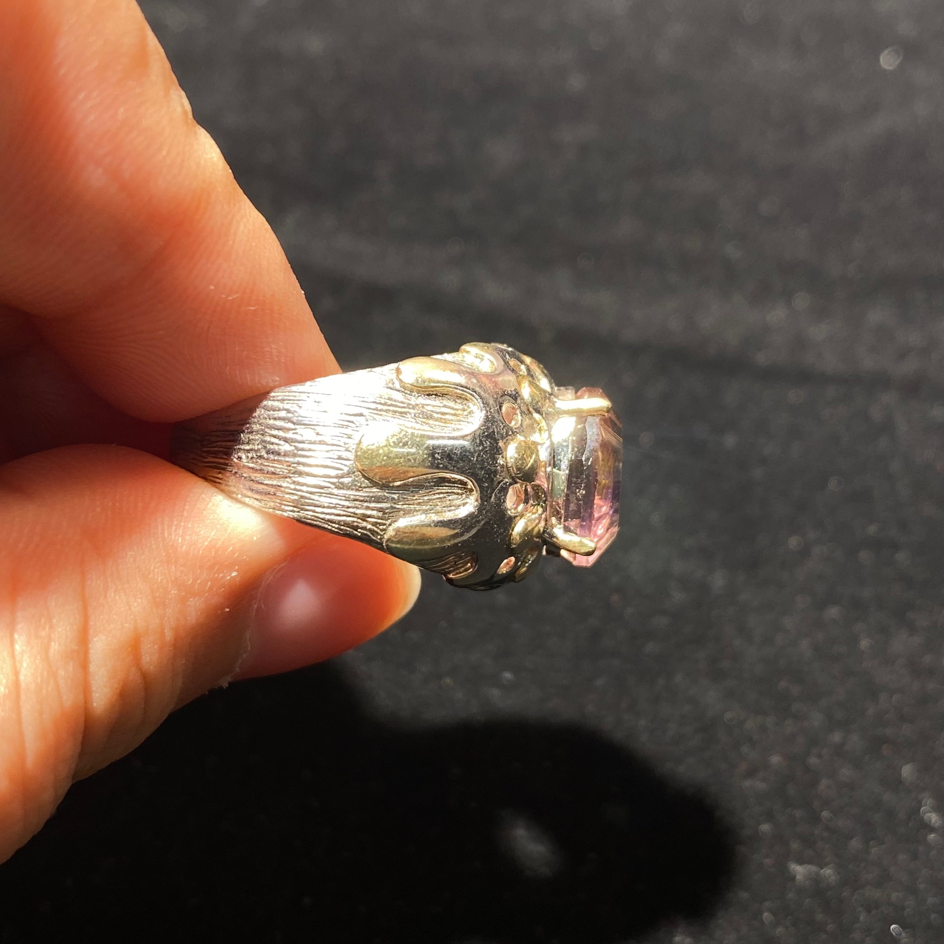 Natural Ametrine Oval Cabochon Wavy Texture Handmade Silver Statement Ring | Crown Solar Plexus Dual Chakra Crystal Artisan Boho Ring for Balance & Clarity