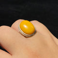 Natural Butter Yellow Amber Oval Cabochon Double Bezel Vintage Plain Silver Ring | Solar Plexus Heart Chakra Warm Abundance Crystal Minimalist Statement Ring for Vitality & Gentle Fortune