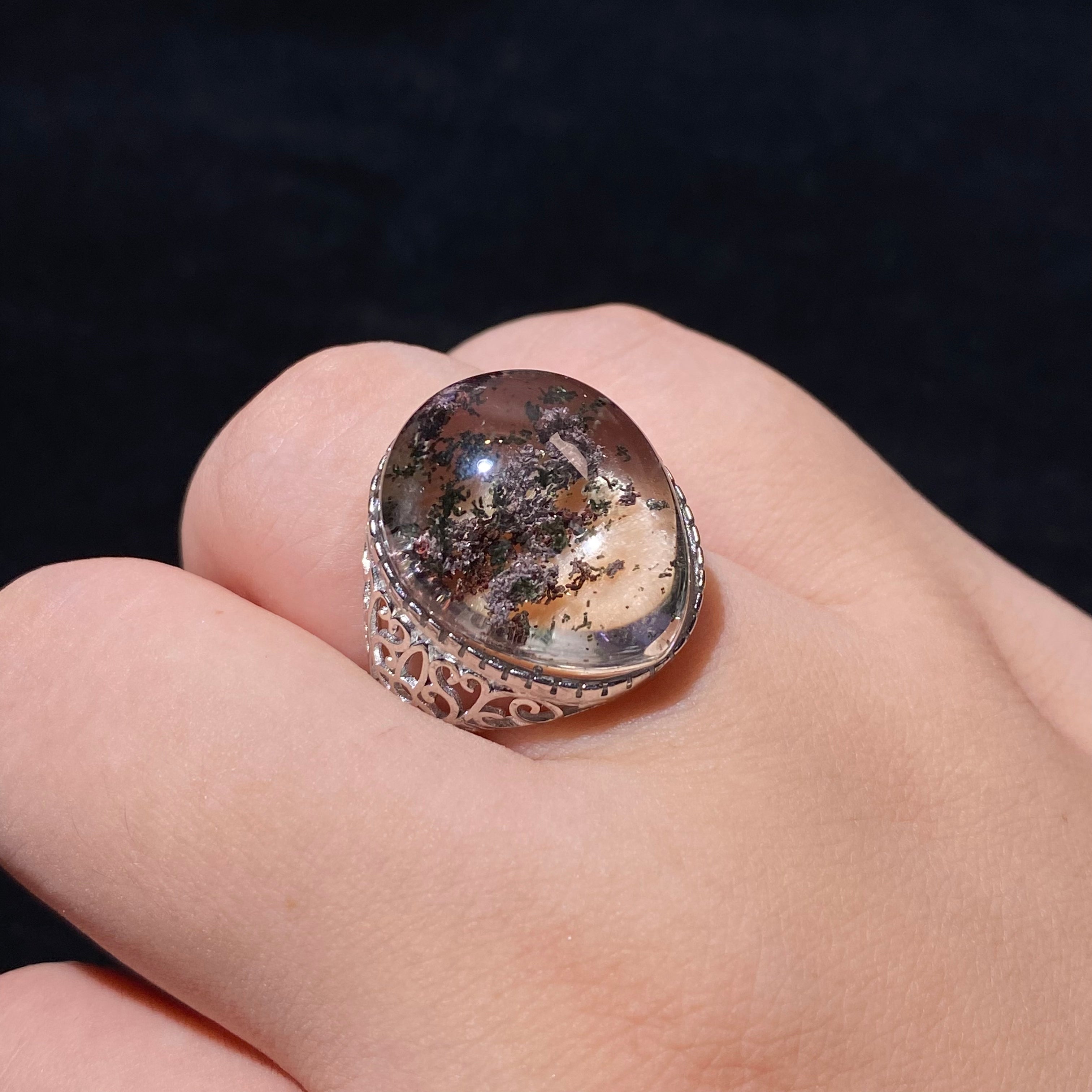 Natural Four Seasons Phantom Garden Quartz Oval Cabochon Hollow Filigree Silver Ring | All Chakra Balance Crystal Vintage Boho Statement Ring for Growth, Wealth & Emotional Stability