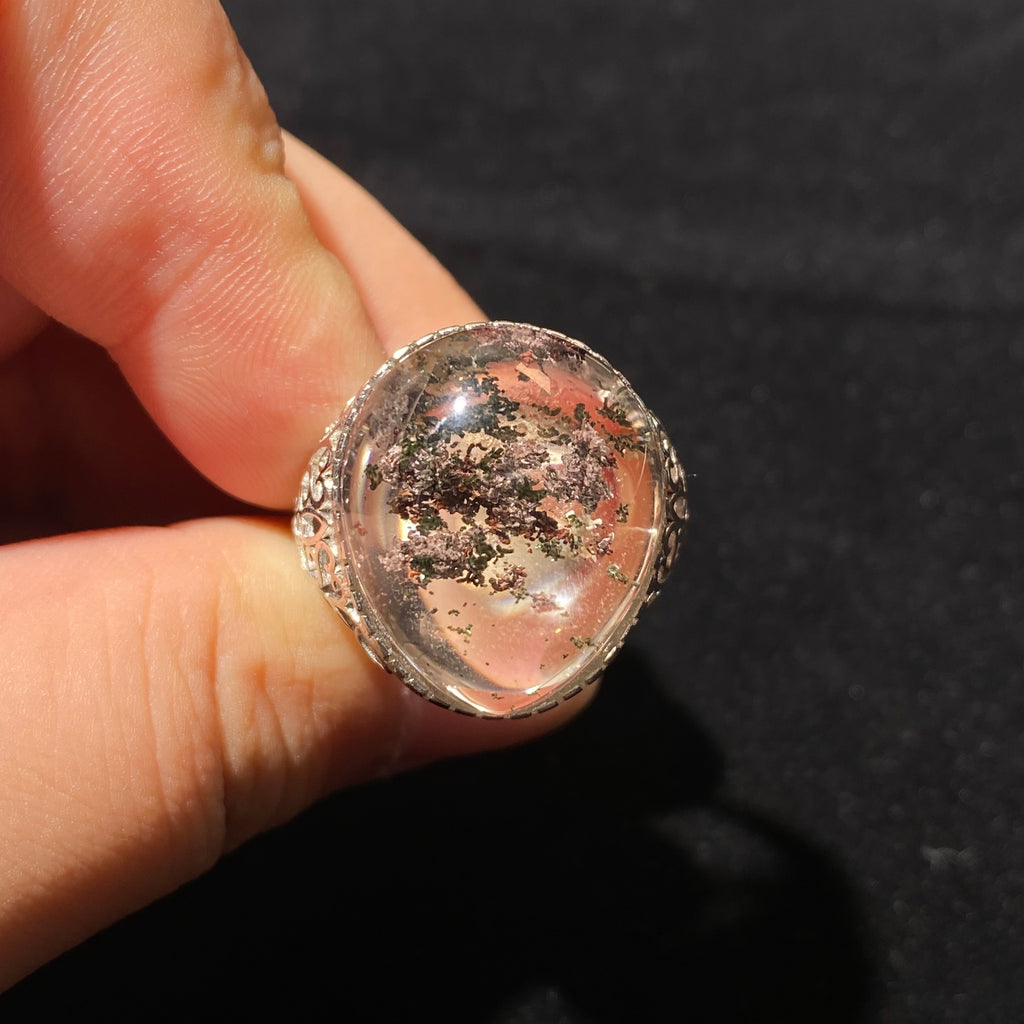 Natural Four Seasons Phantom Garden Quartz Oval Cabochon Hollow Filigree Silver Ring | All Chakra Balance Crystal Vintage Boho Statement Ring for Growth, Wealth & Emotional Stability