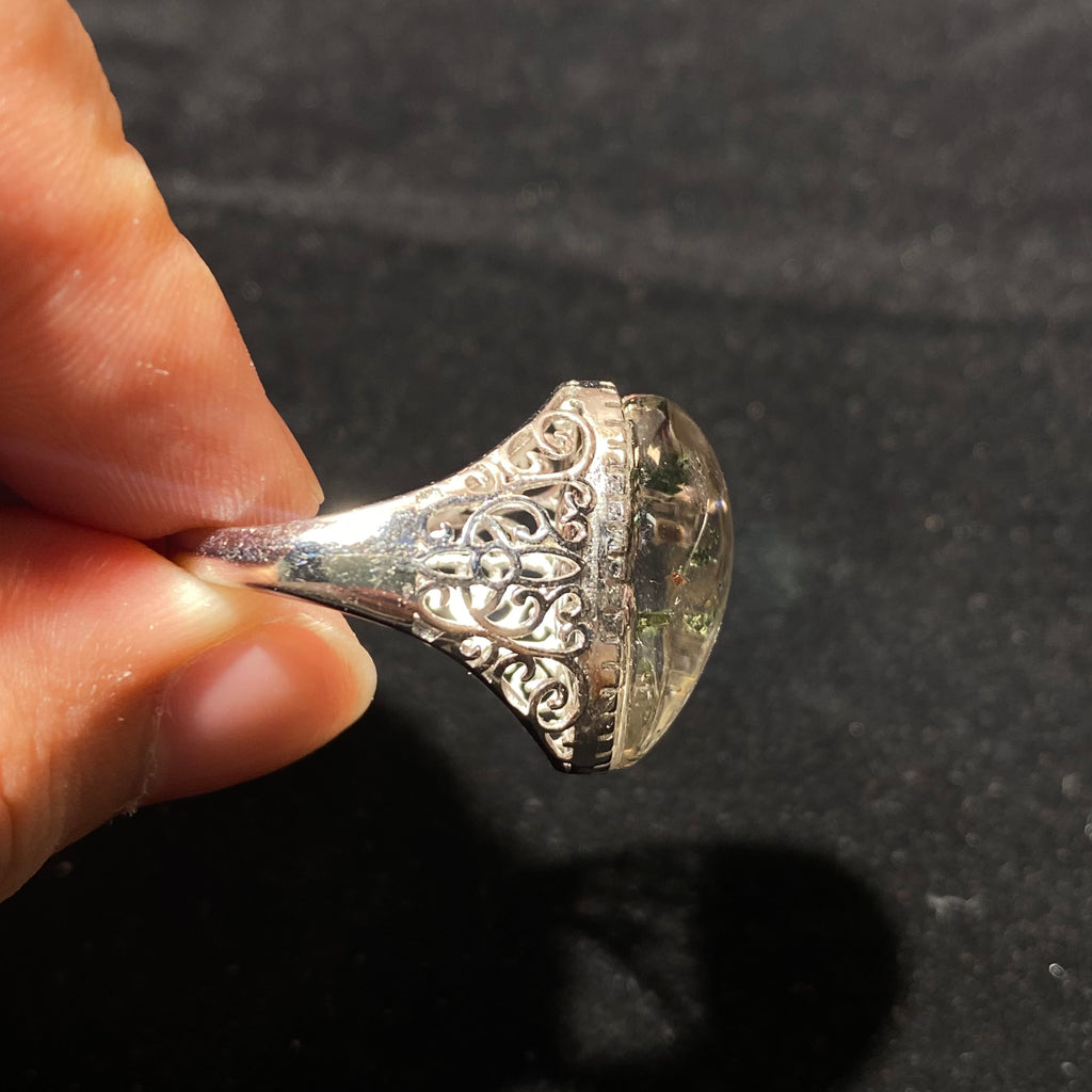Natural Four Seasons Phantom Garden Quartz Oval Cabochon Hollow Filigree Silver Ring | All Chakra Balance Crystal Vintage Boho Statement Ring for Growth, Wealth & Emotional Stability