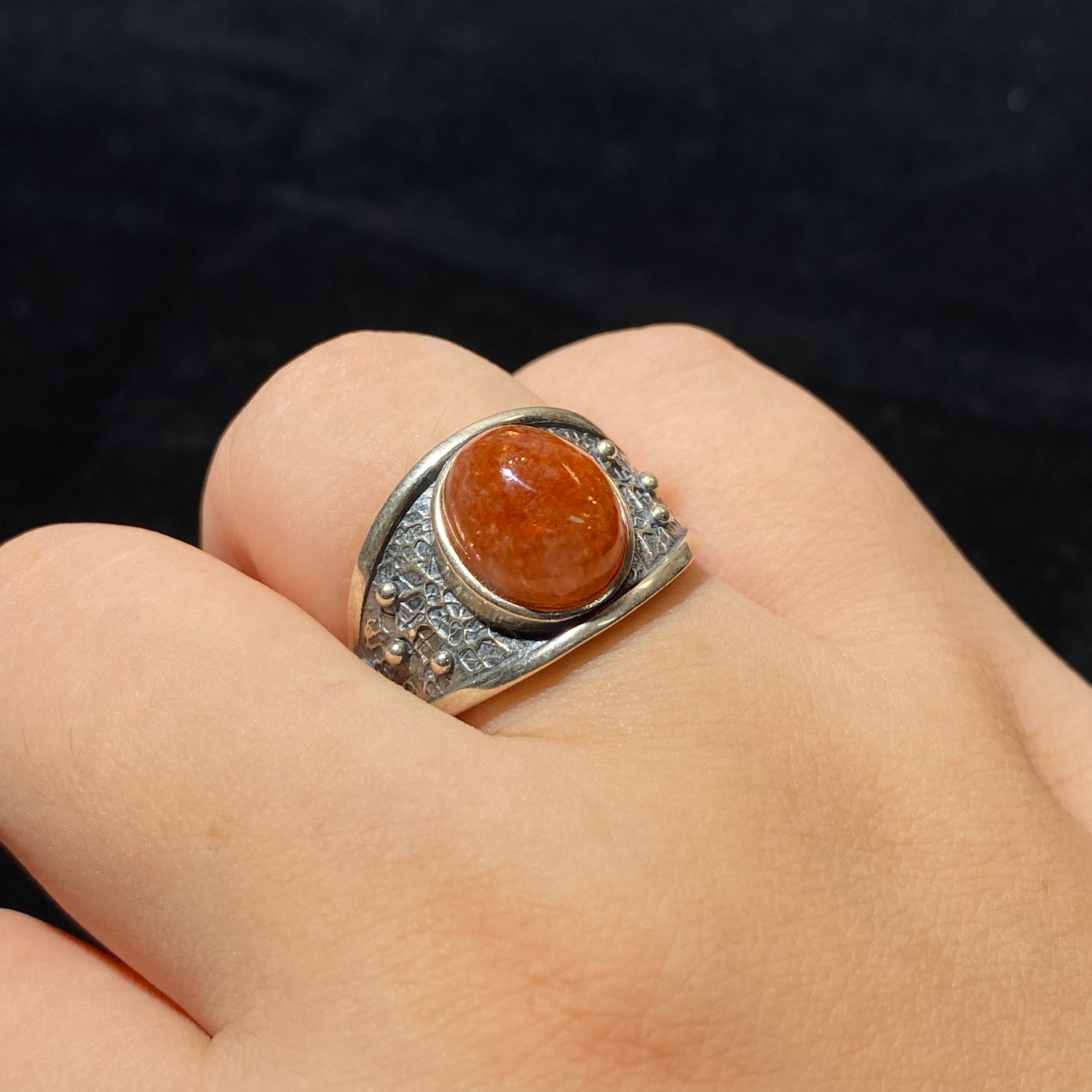 Natural Glitter Golden Flash Sunstone Oval Cabochon Vintage Matte Sterling Silver Adjustable Ring, Unisex