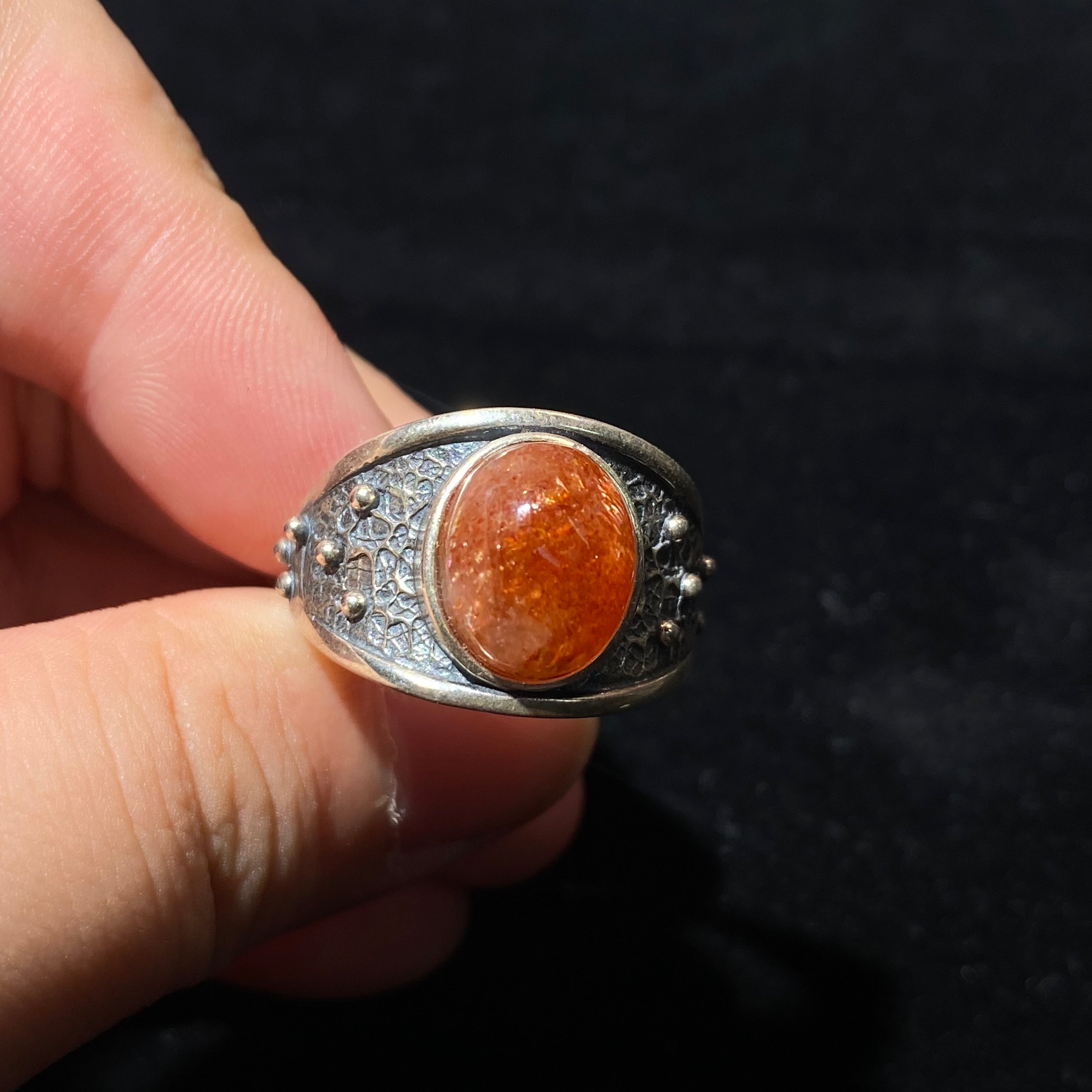 Natural Glitter Golden Flash Sunstone Oval Cabochon Vintage Matte Sterling Silver Adjustable Ring, Unisex