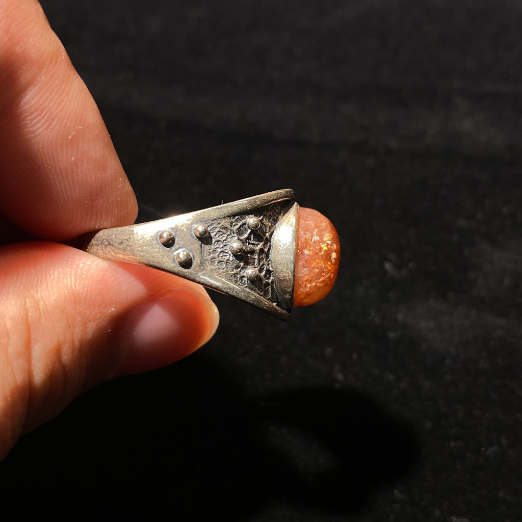Natural Glitter Golden Flash Sunstone Oval Cabochon Vintage Matte Sterling Silver Adjustable Ring, Unisex