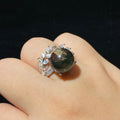 Natural Green Phantom Quartz Round Cabochon Leaf Wreath Filigree Silver Ring | Heart Solar Plexus Chakra Growth Wealth Crystal Romantic Bohemian Statement Ring for Career Progress & Gentle Fortune
