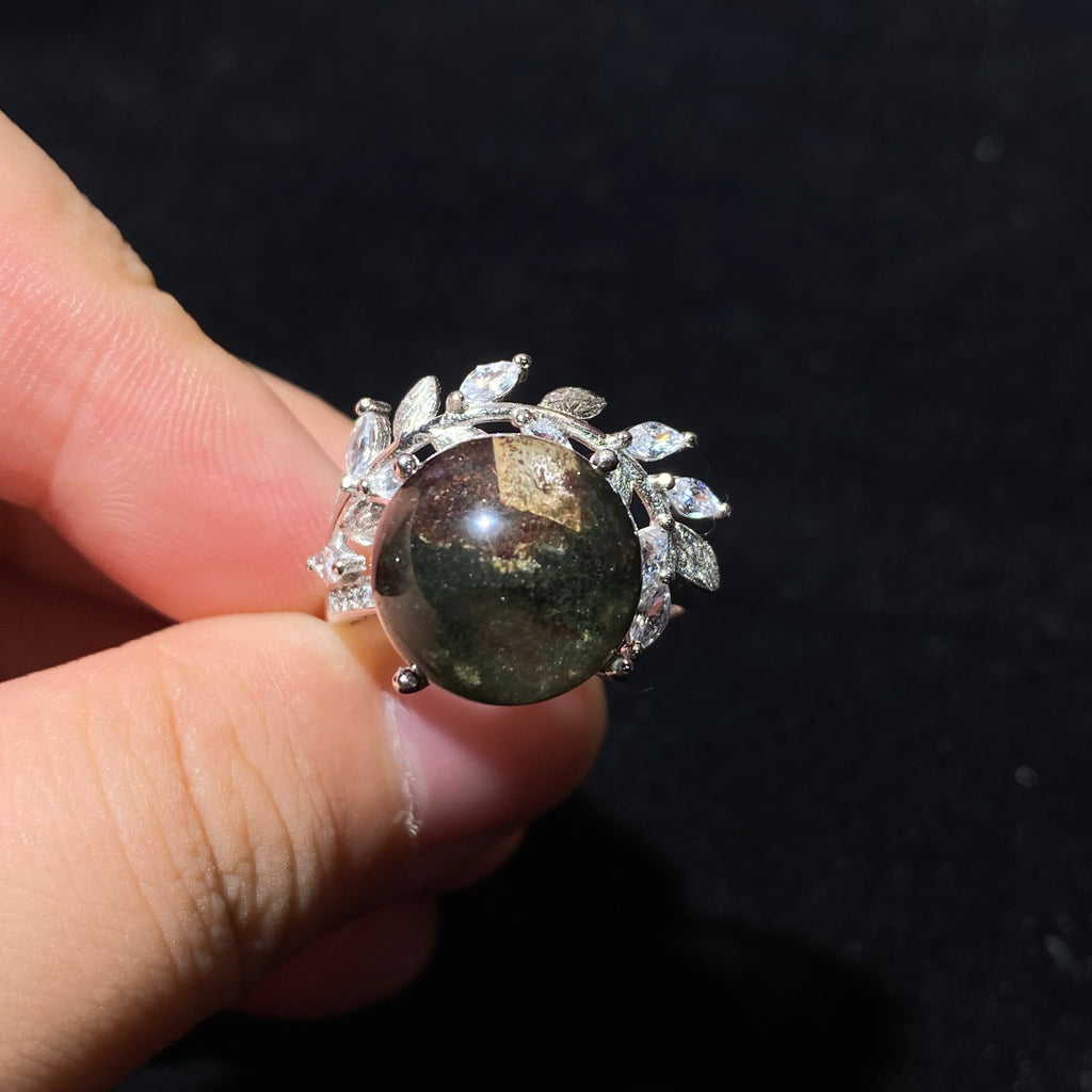 Natural Green Phantom Quartz Round Cabochon Leaf Wreath Filigree Silver Ring | Heart Solar Plexus Chakra Growth Wealth Crystal Romantic Bohemian Statement Ring for Career Progress & Gentle Fortune