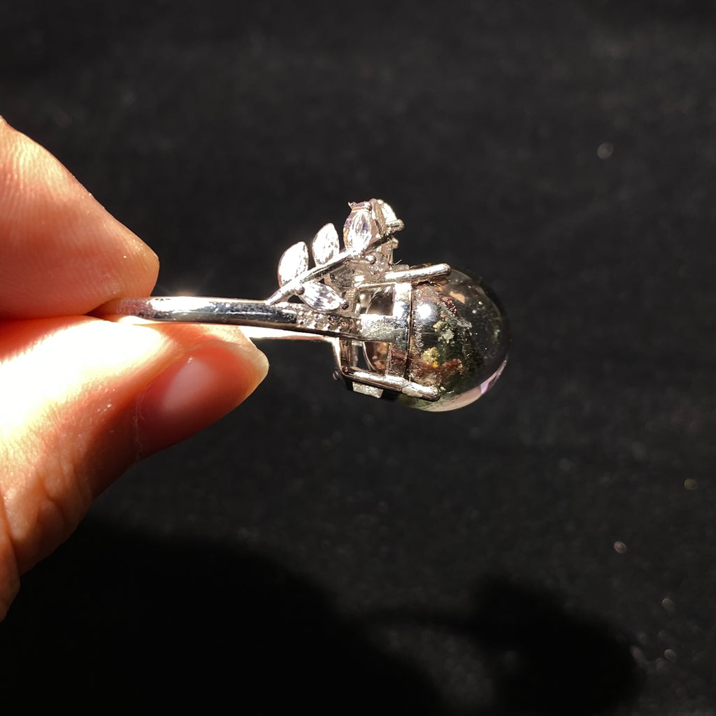 Natural Green Phantom Quartz Round Cabochon Leaf Wreath Filigree Silver Ring | Heart Solar Plexus Chakra Growth Wealth Crystal Romantic Bohemian Statement Ring for Career Progress & Gentle Fortune