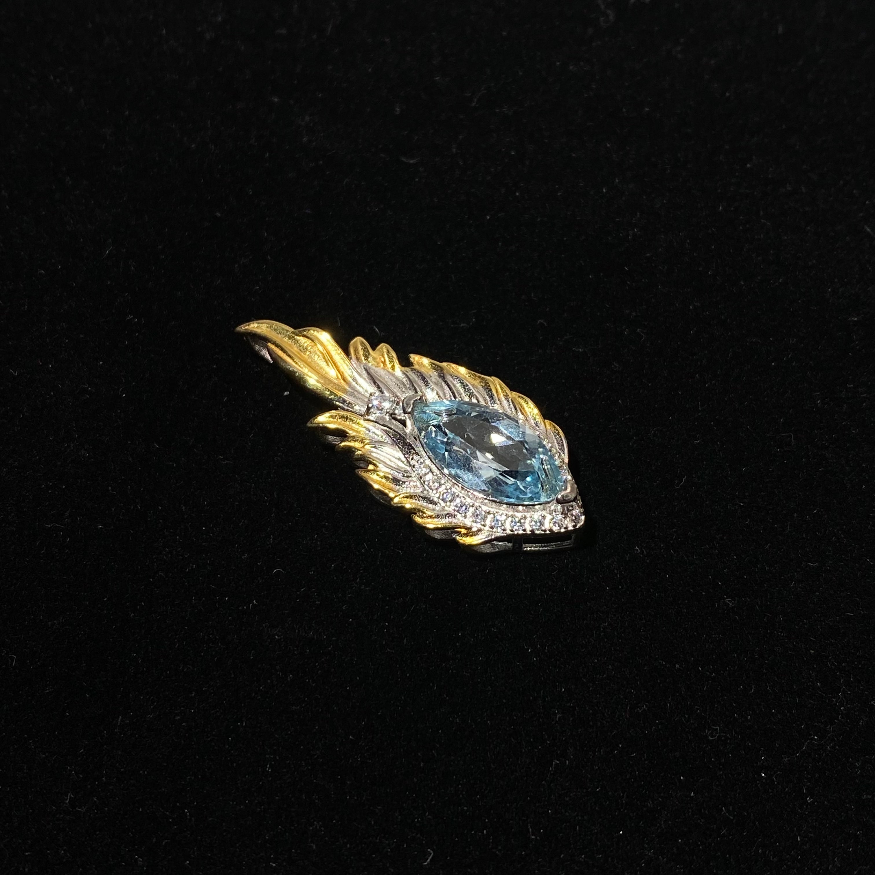 Natural Swiss Blue Topaz Feather Pendant Two-Tone Gold Silver Plated | Throat Third Eye Chakra Communication Crystal, Boost Clarity & Self-Expression, Vintage Wing Healing Necklace Charm Gift for Women