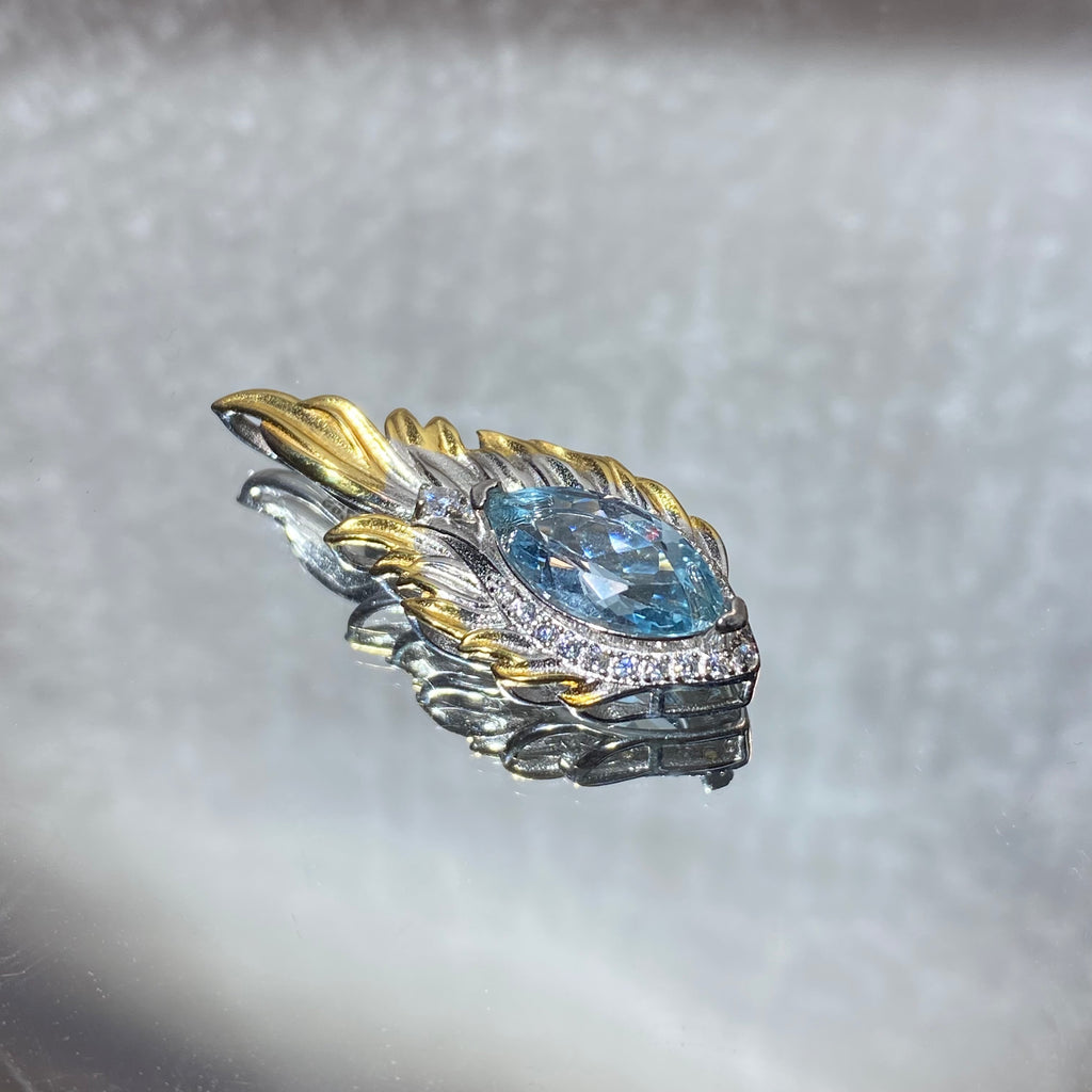 Natural Swiss Blue Topaz Feather Pendant Two-Tone Gold Silver Plated | Throat Third Eye Chakra Communication Crystal, Boost Clarity & Self-Expression, Vintage Wing Healing Necklace Charm Gift for Women