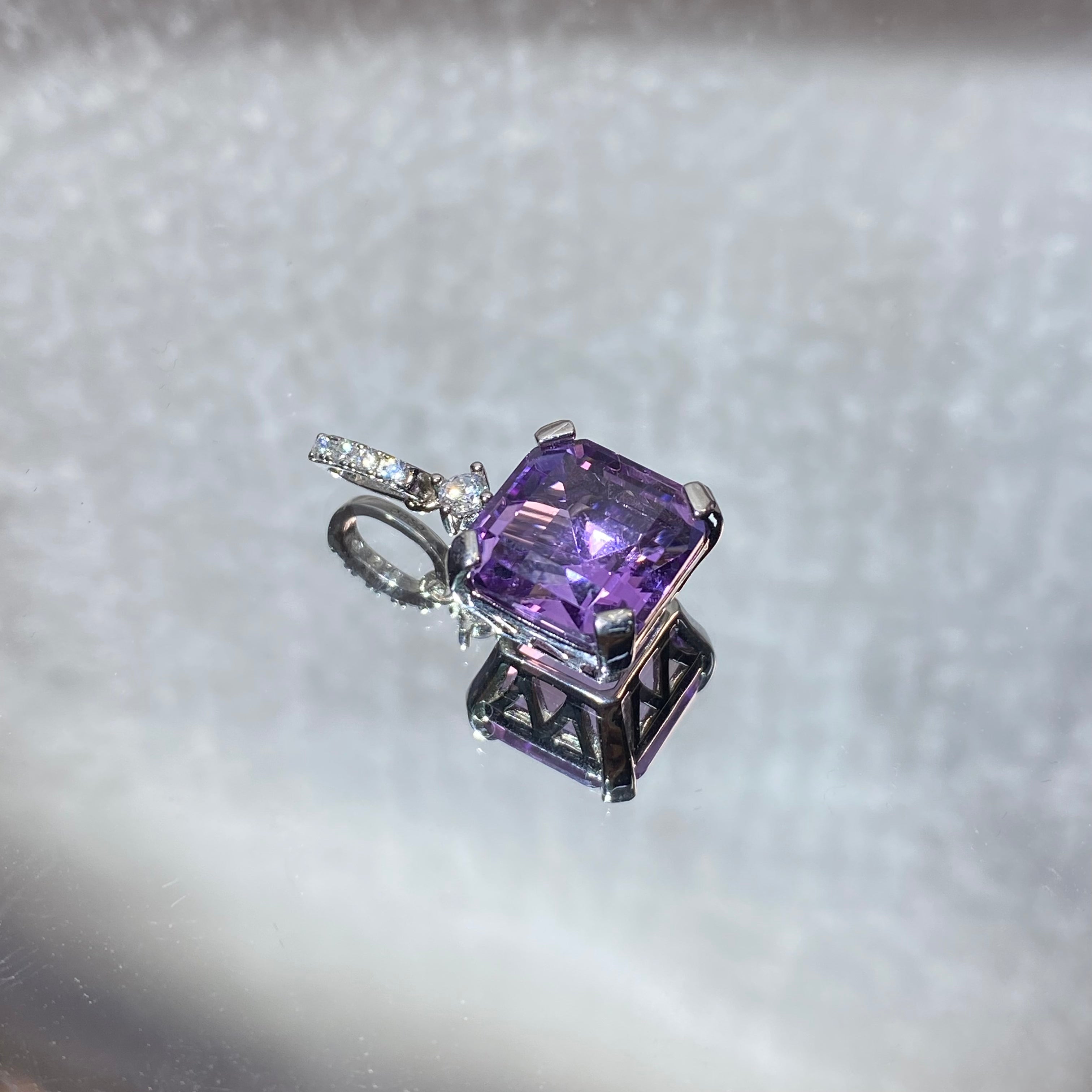 Natural Square Cut Amethyst Hollow Geometric Filigree Silver Pendant | Crown Third Eye Chakra Wisdom Calming Crystal Minimalist Vintage Necklace Charm for Mental Clarity & Inner Peace