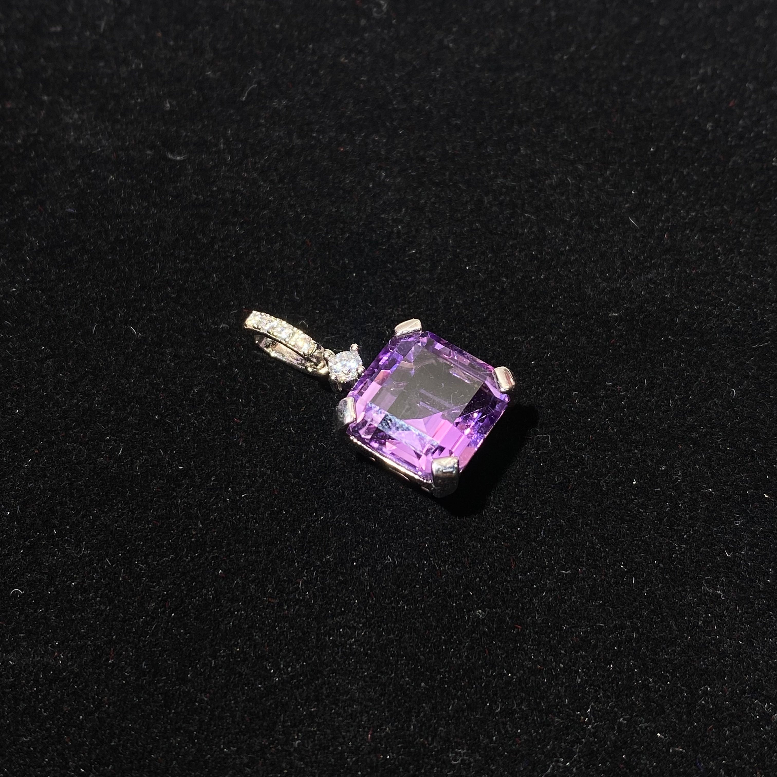 Natural Square Cut Amethyst Hollow Geometric Filigree Silver Pendant | Crown Third Eye Chakra Wisdom Calming Crystal Minimalist Vintage Necklace Charm for Mental Clarity & Inner Peace