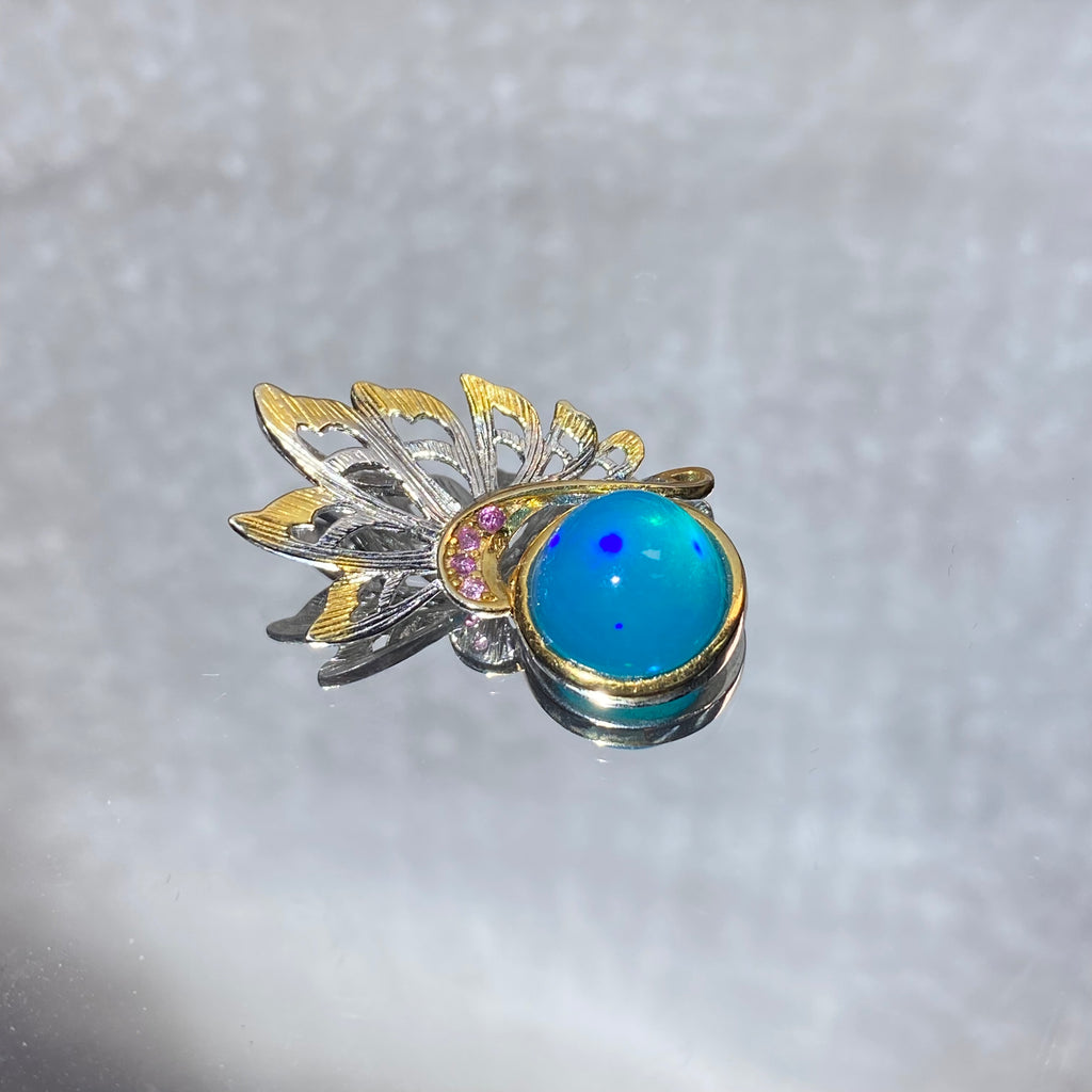 Sky Blue Opal Wing Dual-Use Brooch & Pendant | Throat Crown Chakra Emotional Healing Crystal, Calm Anxiety & Boost Optimism, Two-Tone Gold Silver Vintage Jewelry Gift for Women