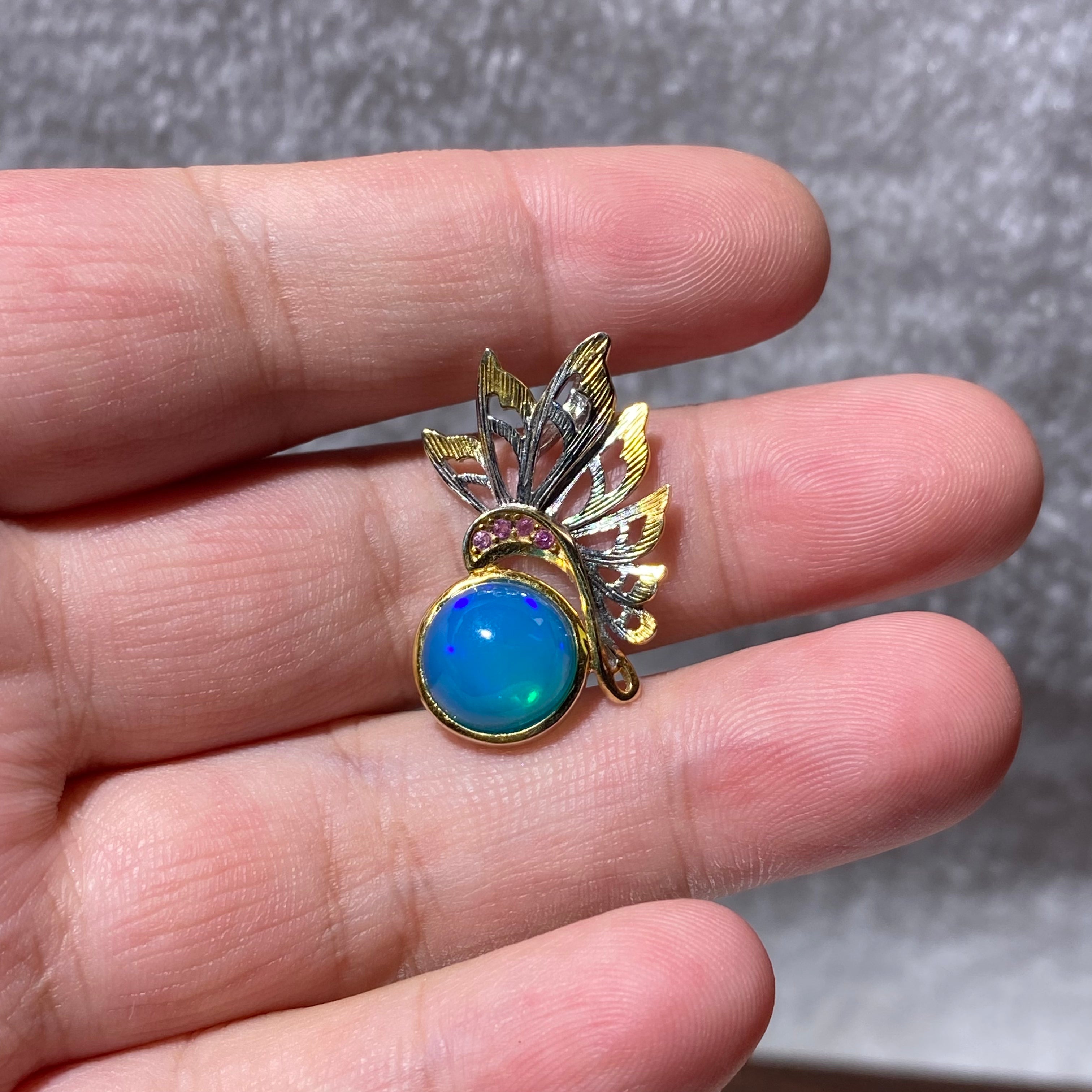 Sky Blue Opal Wing Dual-Use Brooch & Pendant | Throat Crown Chakra Emotional Healing Crystal, Calm Anxiety & Boost Optimism, Two-Tone Gold Silver Vintage Jewelry Gift for Women