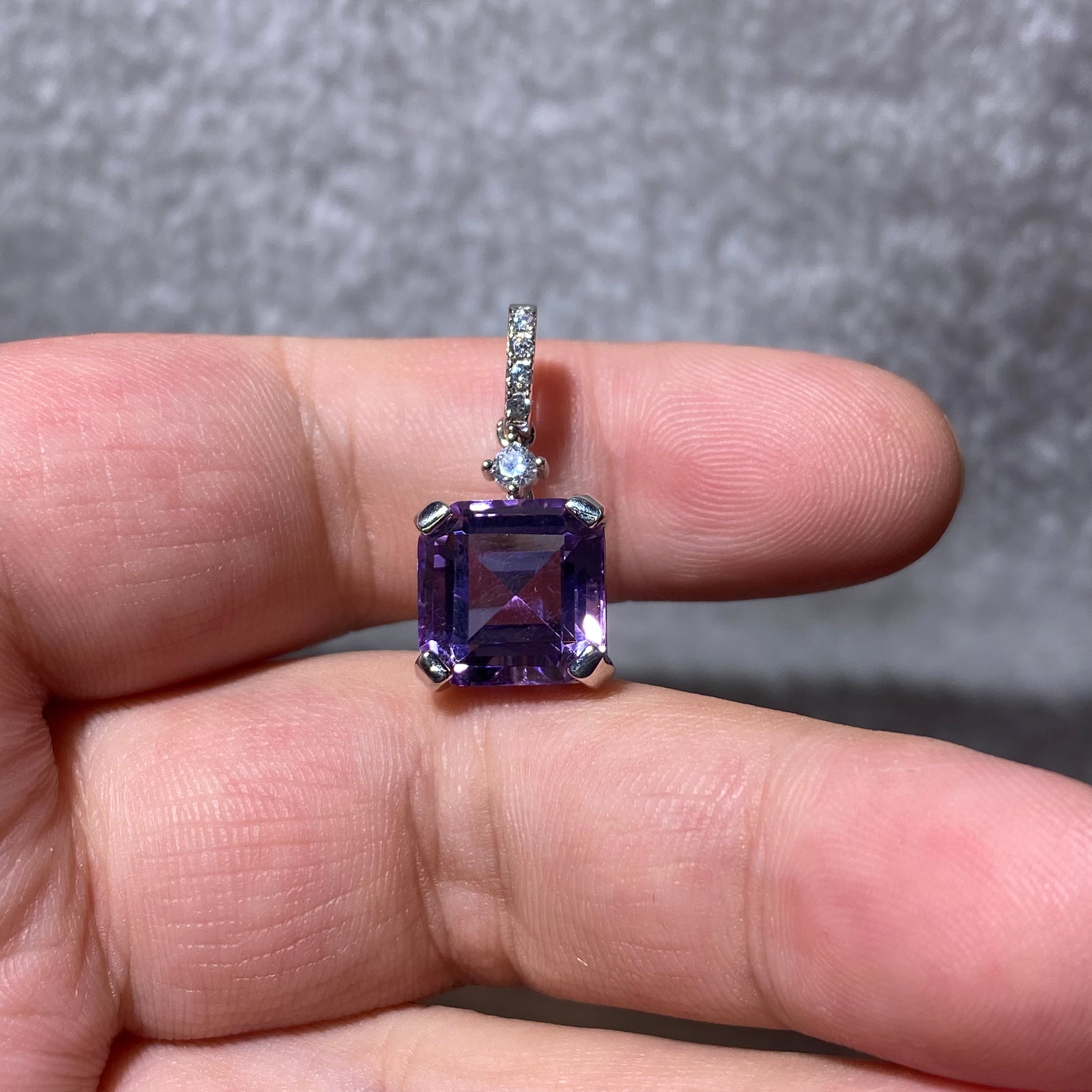 Natural Square Cut Amethyst Hollow Geometric Filigree Silver Pendant | Crown Third Eye Chakra Wisdom Calming Crystal Minimalist Vintage Necklace Charm for Mental Clarity & Inner Peace