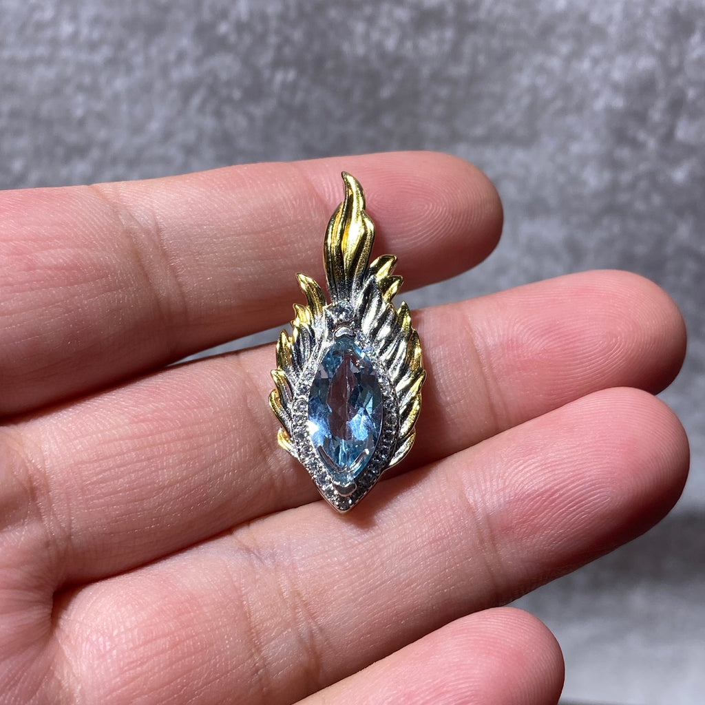 Natural Swiss Blue Topaz Feather Pendant Two-Tone Gold Silver Plated | Throat Third Eye Chakra Communication Crystal, Boost Clarity & Self-Expression, Vintage Wing Healing Necklace Charm Gift for Women
