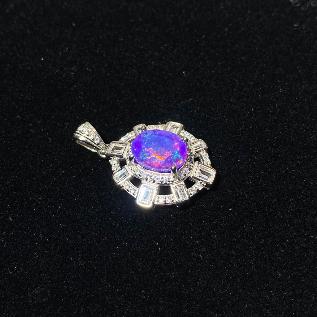 Oval Color Flash Purple Opal Halo Vintage Silver Pendant | Crown Heart Chakra Emotional Healing Crystal, Awaken Positivity & Balance Mood, Luxury Statement Necklace Charm Gift for Women