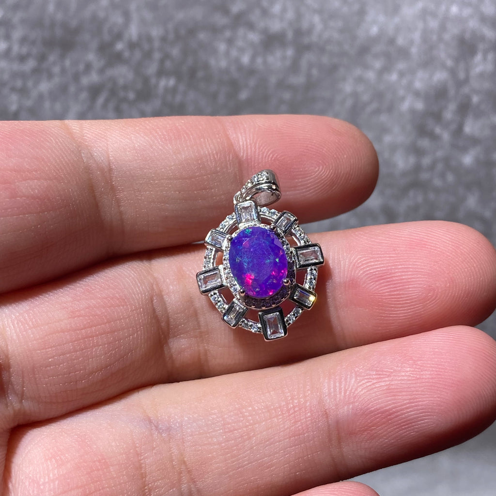 Oval Color Flash Purple Opal Halo Vintage Silver Pendant | Crown Heart Chakra Emotional Healing Crystal, Awaken Positivity & Balance Mood, Luxury Statement Necklace Charm Gift for Women