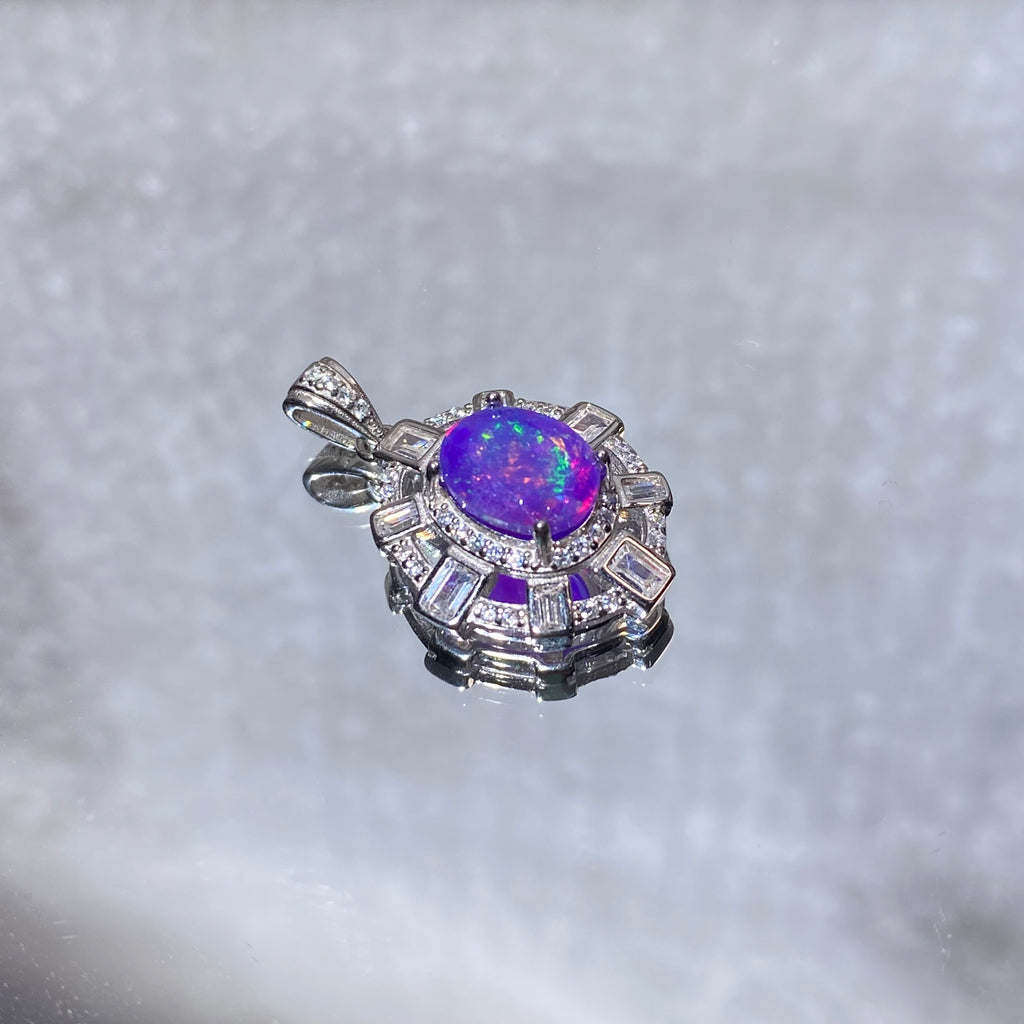 Oval Color Flash Purple Opal Halo Vintage Silver Pendant | Crown Heart Chakra Emotional Healing Crystal, Awaken Positivity & Balance Mood, Luxury Statement Necklace Charm Gift for Women