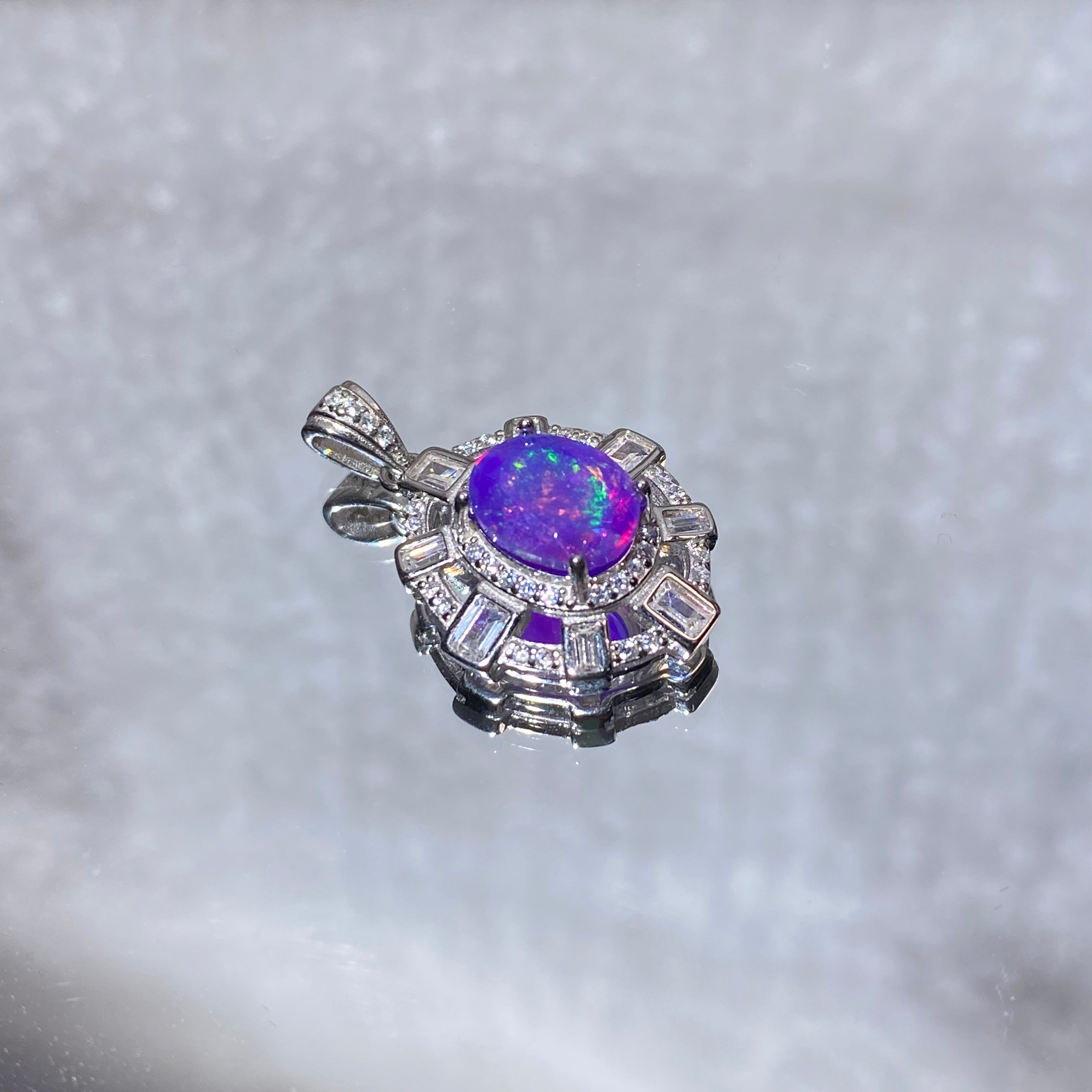 Oval Color Flash Purple Opal Halo Vintage Silver Pendant | Crown Heart Chakra Emotional Healing Crystal, Awaken Positivity & Balance Mood, Luxury Statement Necklace Charm Gift for Women