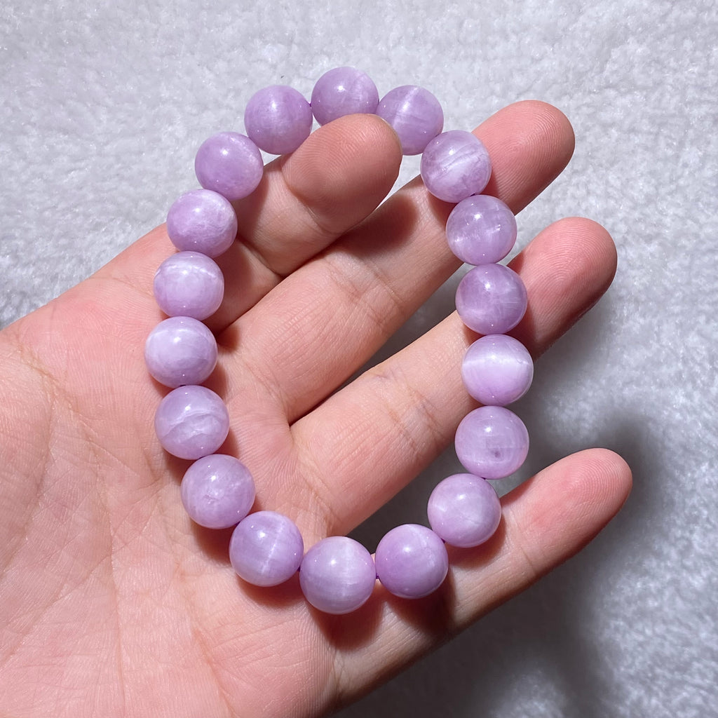 Natural Soft Lilac Kunzite Round Bead Stretch Bracelet 11.5mm, Fits 17cm Wrist | Heart Crown Chakra Emotional Healing Crystal, Release Anxiety & Cultivate Self-Love, Minimalist Daily Wrist Jewelry Gift for Women
