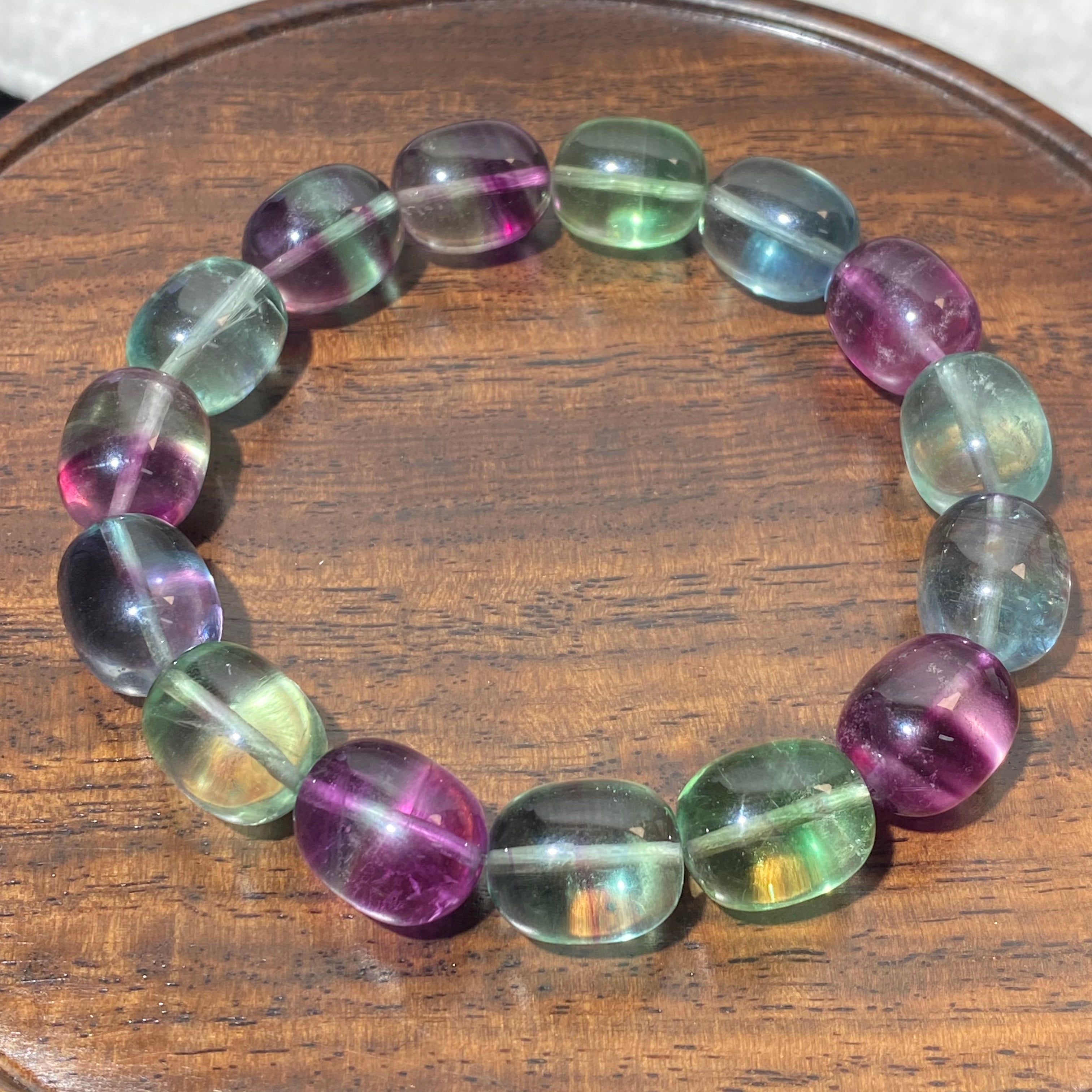 Natural Transparent Rainbow Fluorite Irregular Barrel Stretch Bracelet, Fits 18 cm Wrist, 12.1 mm Bead