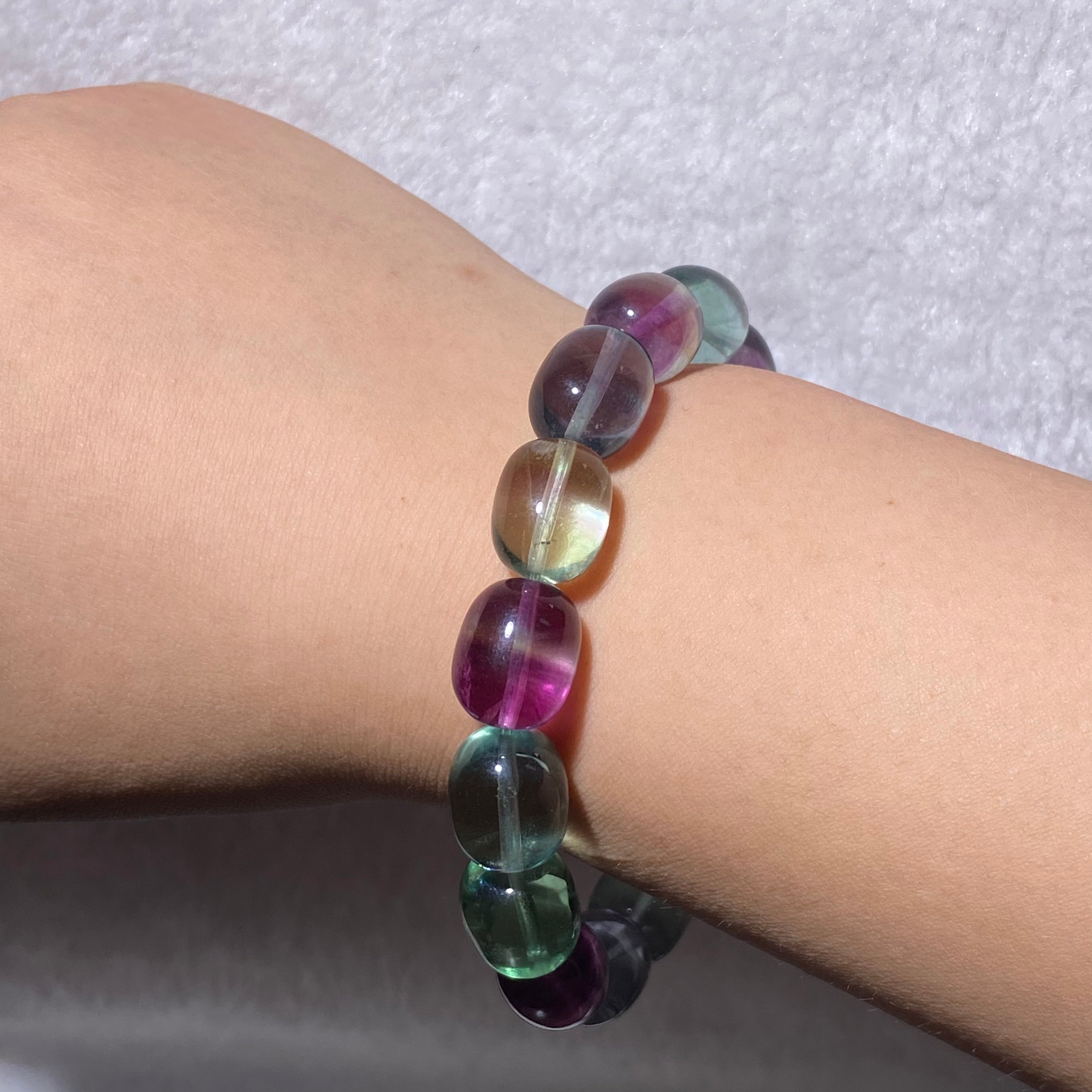 Natural Transparent Rainbow Fluorite Irregular Barrel Stretch Bracelet, Fits 18 cm Wrist, 12.1 mm Bead