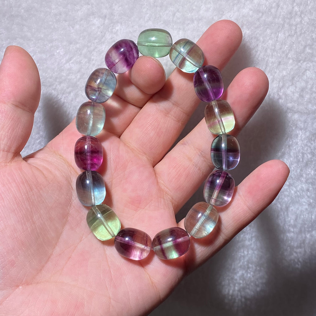 Natural Transparent Rainbow Fluorite Irregular Barrel Stretch Bracelet, Fits 18 cm Wrist, 12.1 mm Bead