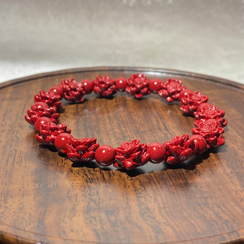 High-Purity Matte Red Cinnabar Hand Carved Plum Blossom Stretch Bracelet, Fits 16cm Wrist