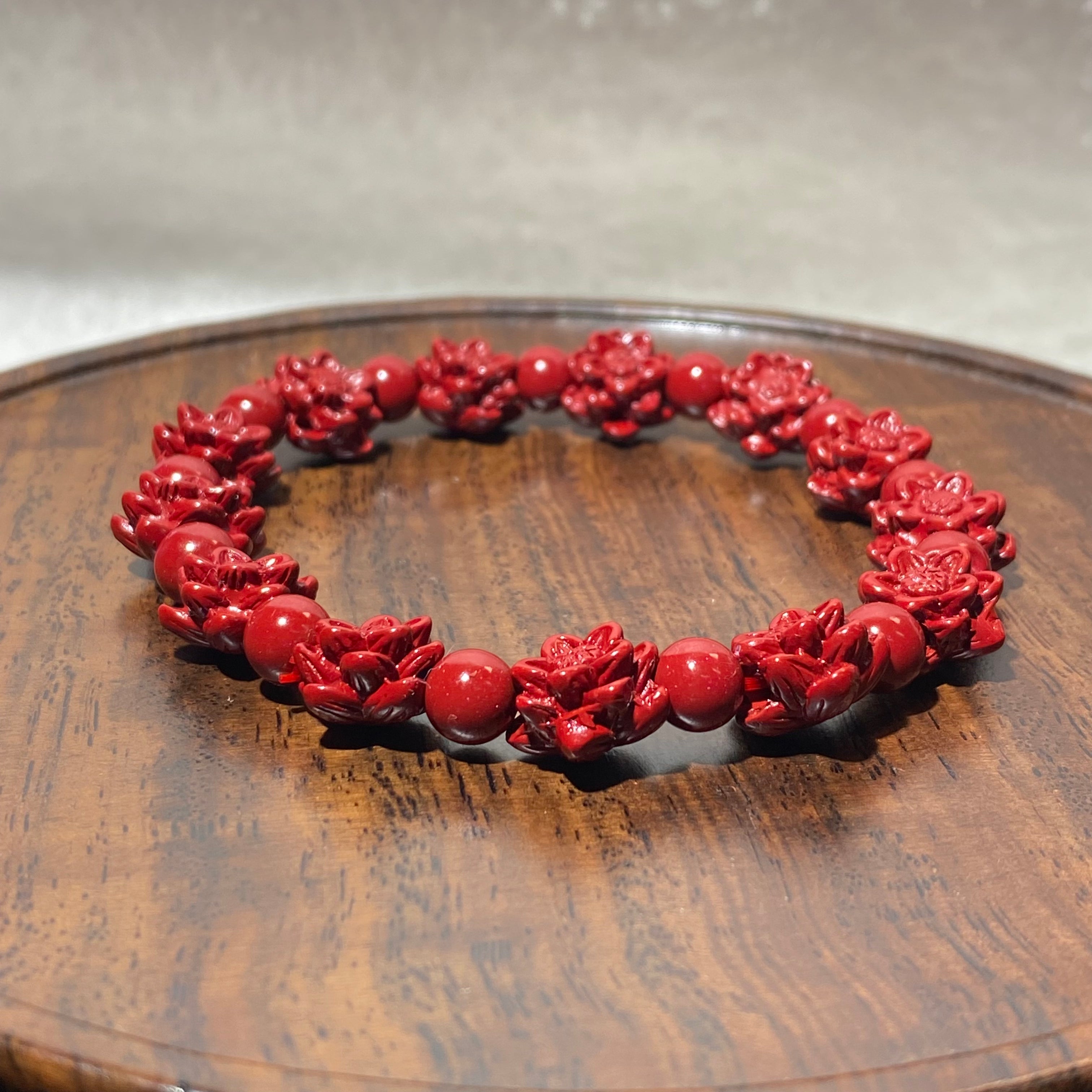High-Purity Matte Red Cinnabar Hand Carved Plum Blossom Stretch Bracelet, Fits 16cm Wrist