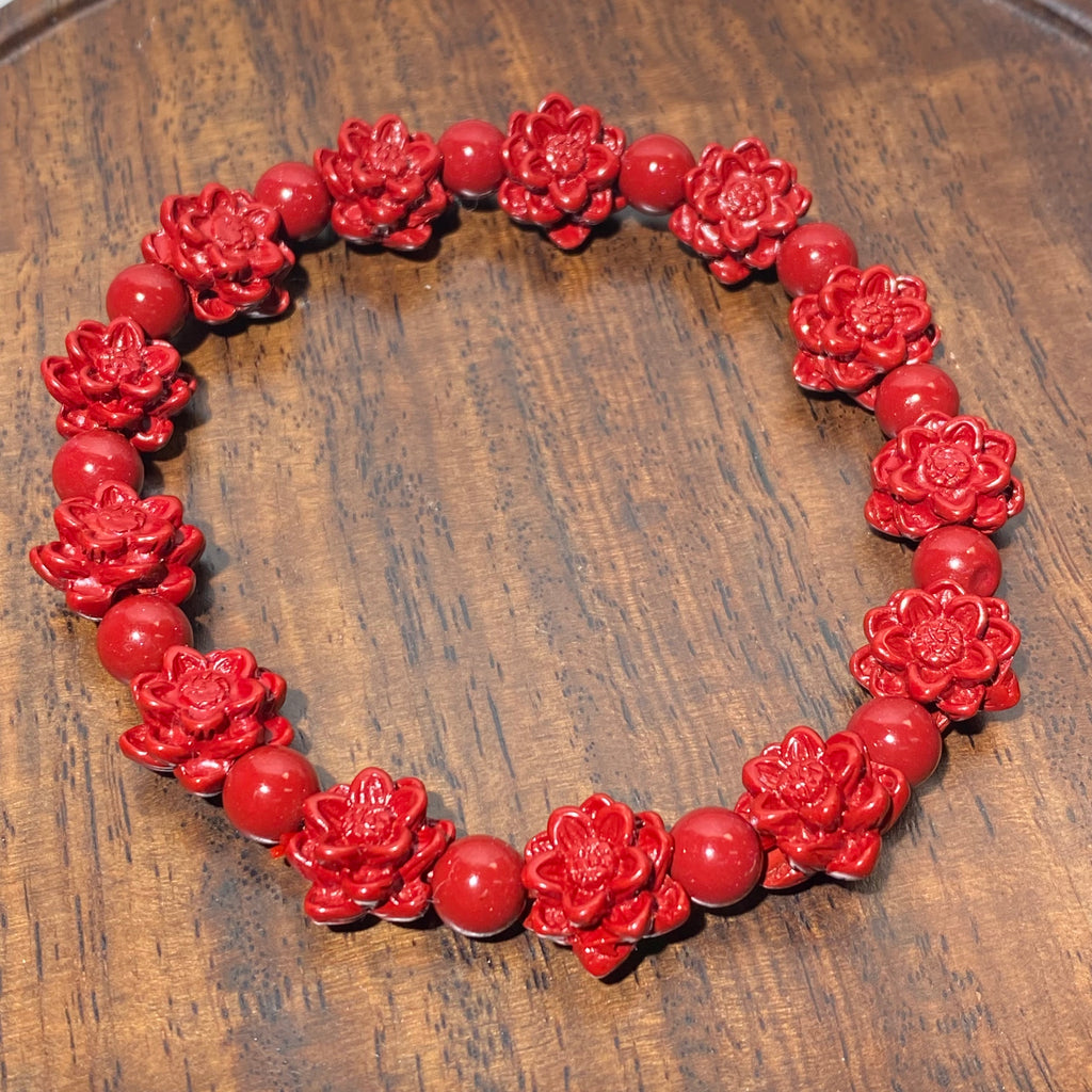 High-Purity Matte Red Cinnabar Hand Carved Plum Blossom Stretch Bracelet, Fits 16cm Wrist