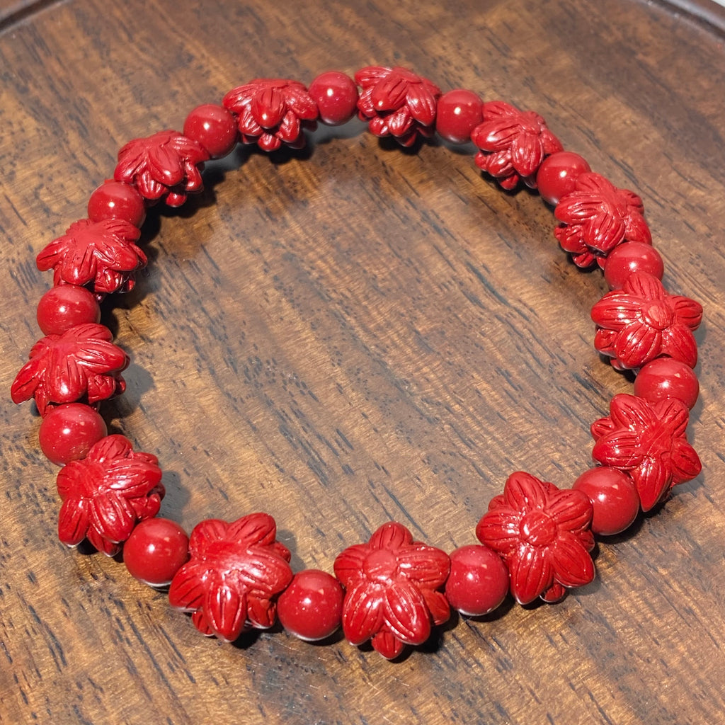 High-Purity Matte Red Cinnabar Hand Carved Plum Blossom Stretch Bracelet, Fits 16cm Wrist