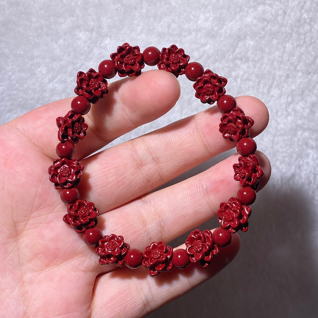 High-Purity Matte Red Cinnabar Hand Carved Plum Blossom Stretch Bracelet, Fits 16cm Wrist