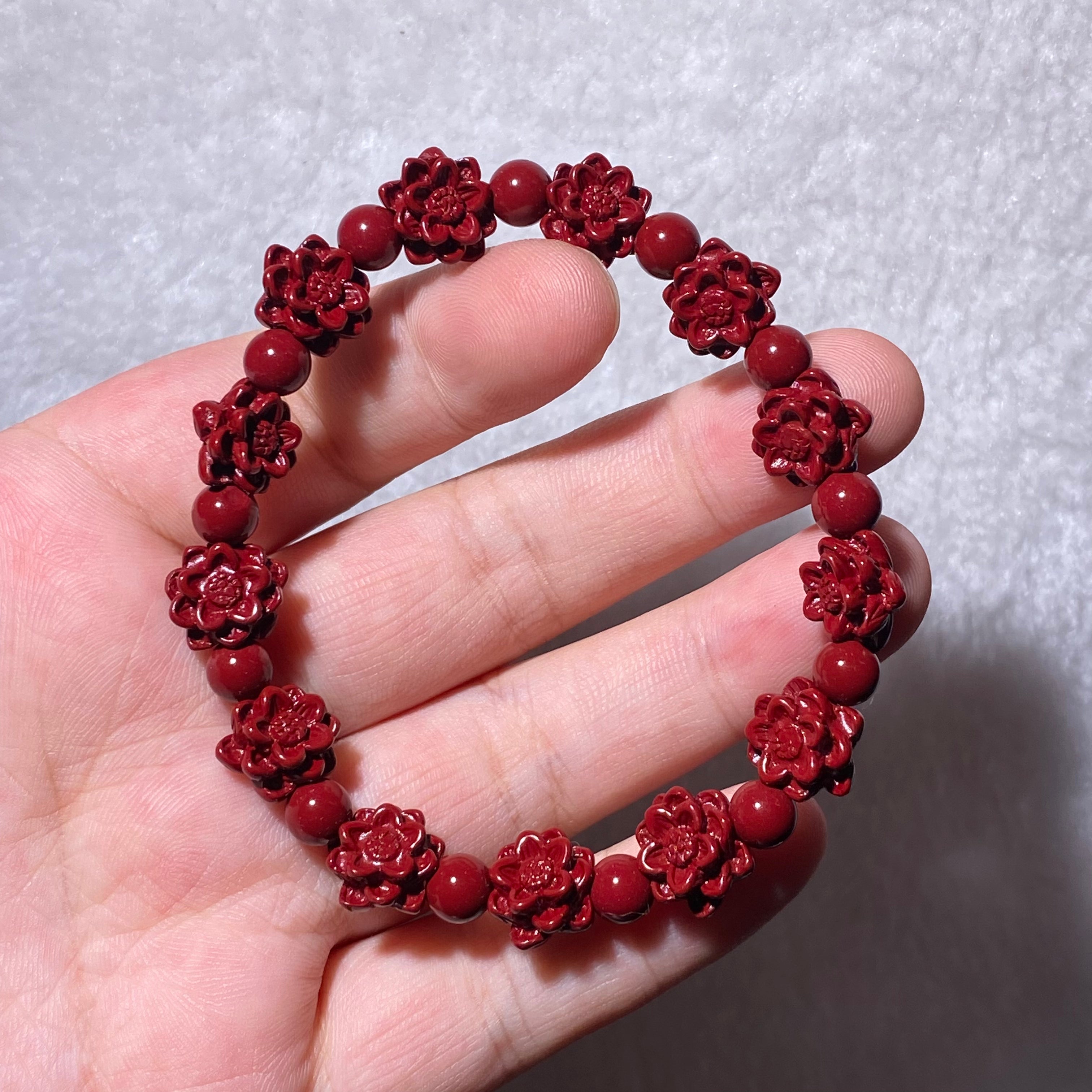 High-Purity Matte Red Cinnabar Hand Carved Plum Blossom Stretch Bracelet, Fits 16cm Wrist