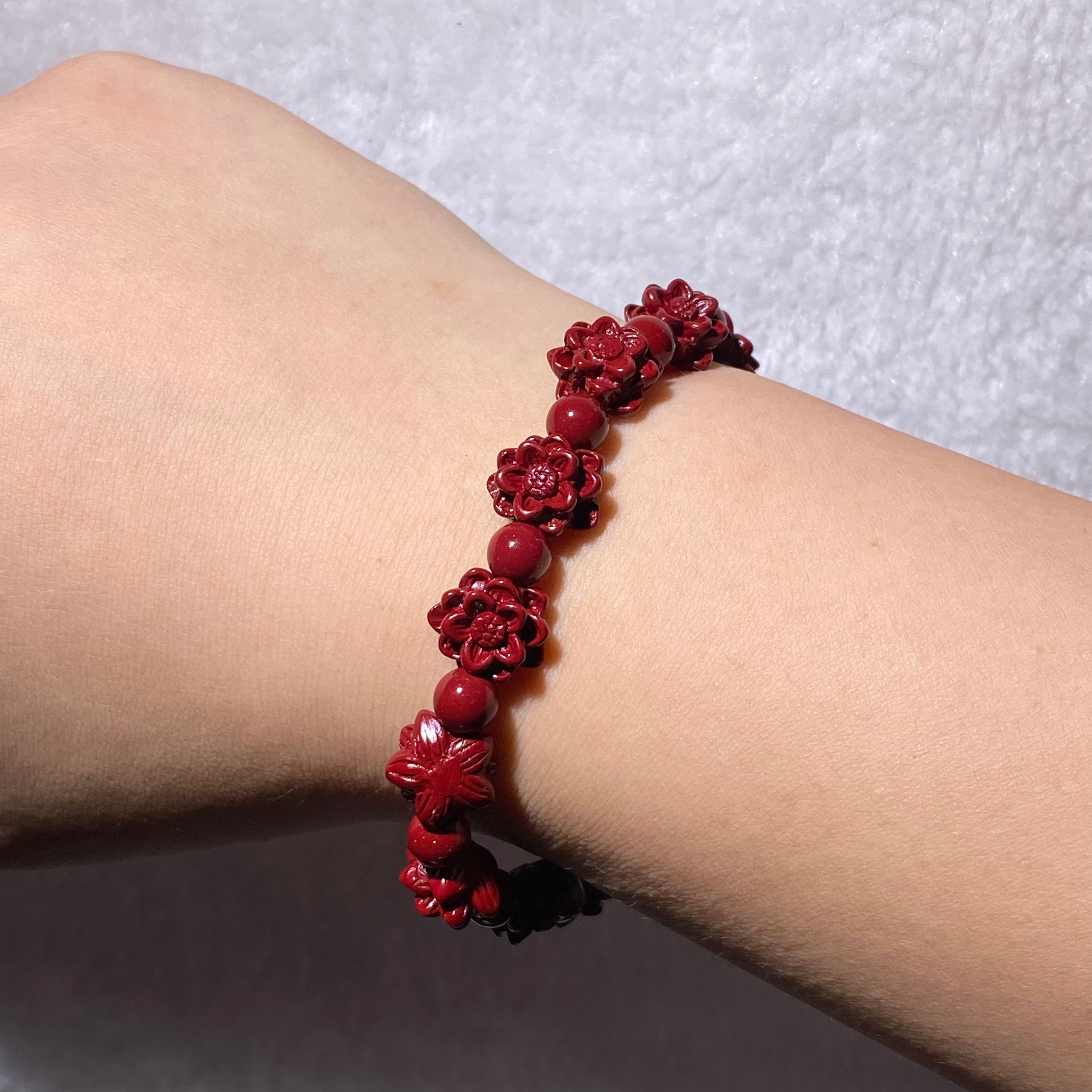 High-Purity Matte Red Cinnabar Hand Carved Plum Blossom Stretch Bracelet, Fits 16cm Wrist