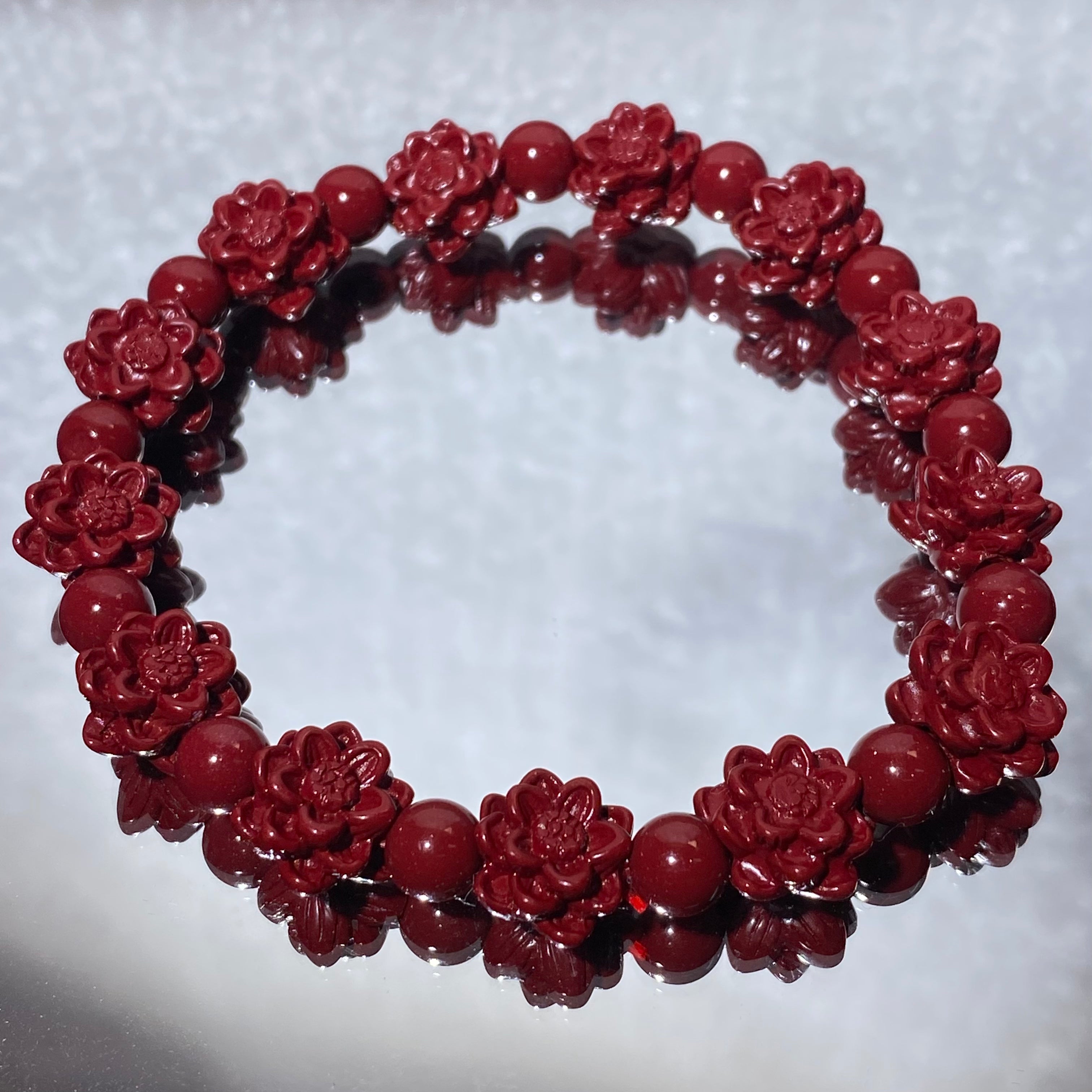 High-Purity Matte Red Cinnabar Hand Carved Plum Blossom Stretch Bracelet, Fits 16cm Wrist