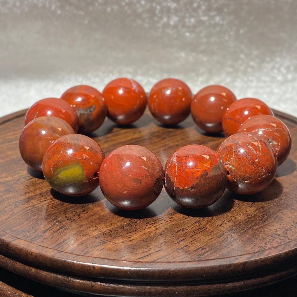 Natural Polished Red Warring States Agate Round Bead Stretch Bracelet, Fits 16cm Wrist | Root Sacral Chakra Grounding Wealth Crystal, Stabilize Fortune & Replenish Vitality, Unisex Earthy Red Vintage Wrist Jewelry Gift