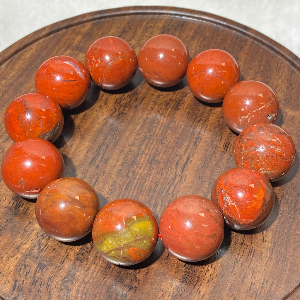Natural Polished Red Warring States Agate Round Bead Stretch Bracelet, Fits 16cm Wrist | Root Sacral Chakra Grounding Wealth Crystal, Stabilize Fortune & Replenish Vitality, Unisex Earthy Red Vintage Wrist Jewelry Gift