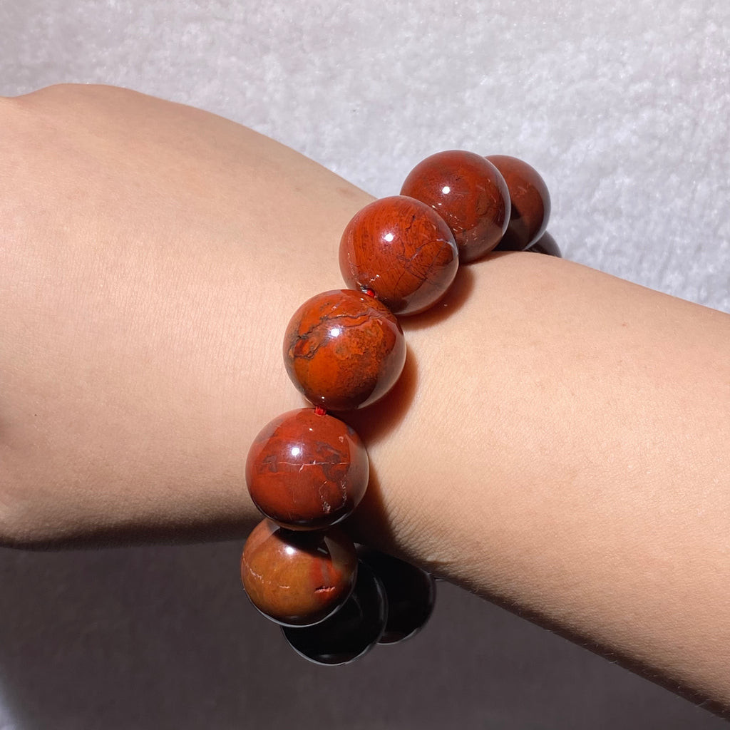 Natural Polished Red Warring States Agate Round Bead Stretch Bracelet, Fits 16cm Wrist | Root Sacral Chakra Grounding Wealth Crystal, Stabilize Fortune & Replenish Vitality, Unisex Earthy Red Vintage Wrist Jewelry Gift