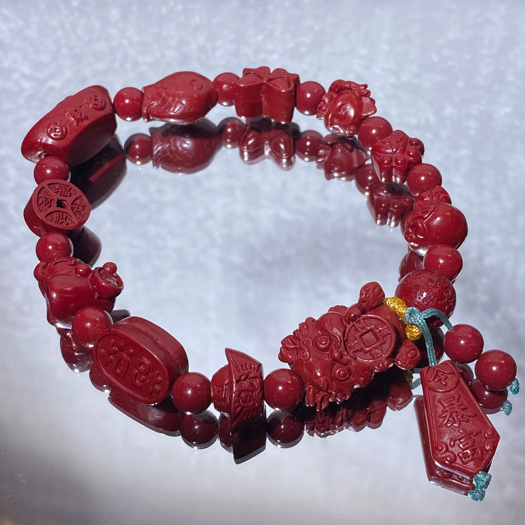Natural Matte Red Cinnabar Multi-Pattern Carved Stretch Bracelet, Fits 16cm Wrist