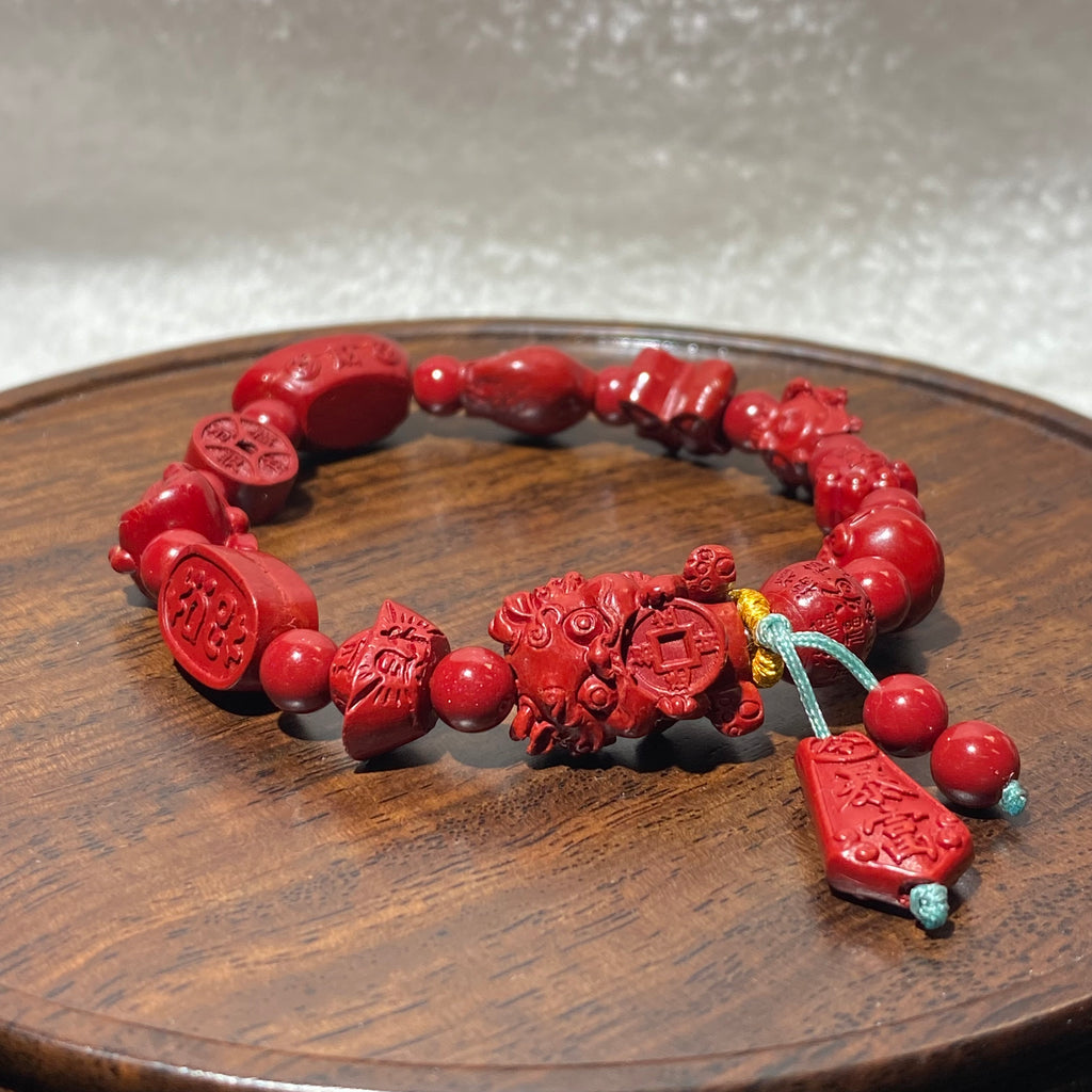 Natural Matte Red Cinnabar Multi-Pattern Carved Stretch Bracelet, Fits 16cm Wrist