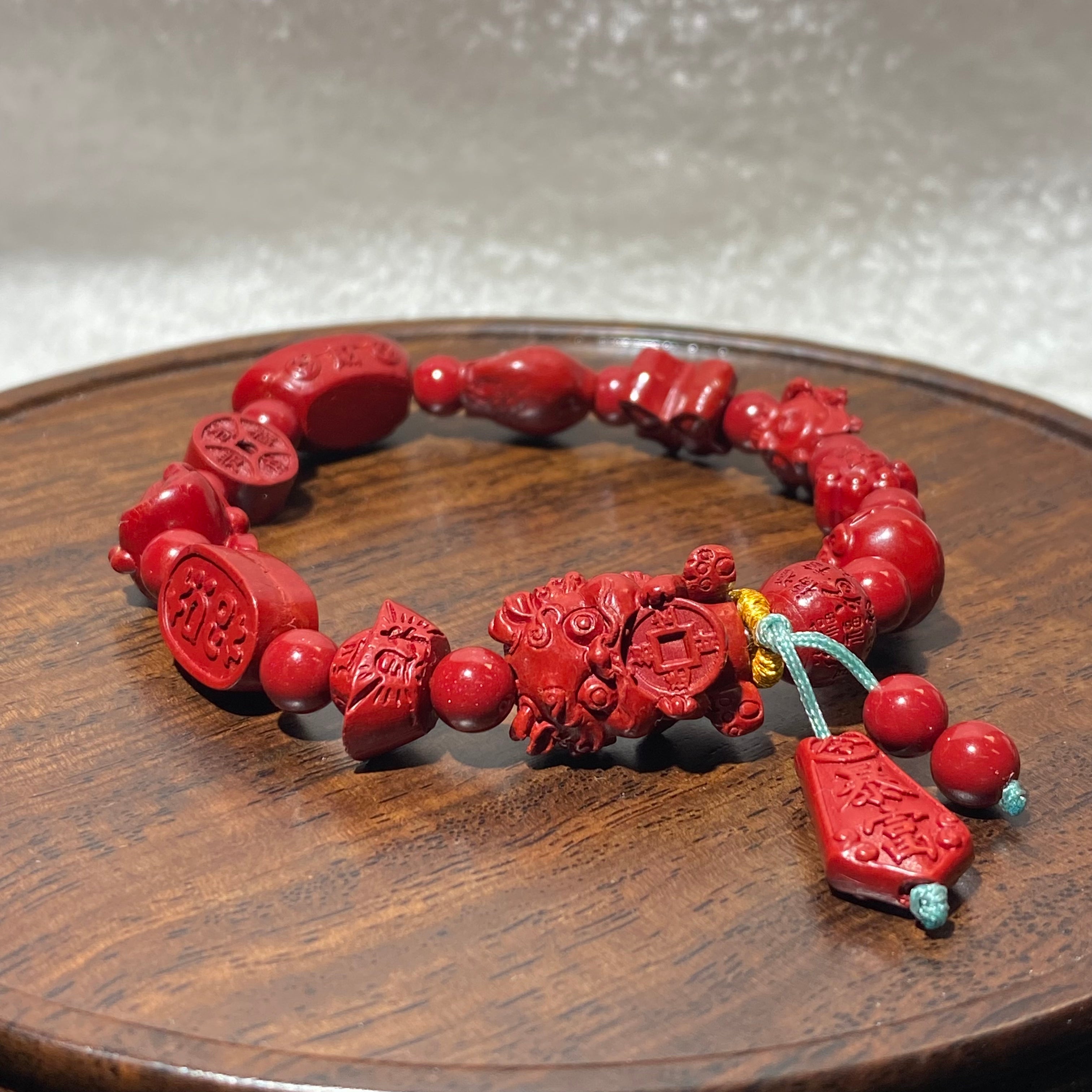 Natural Matte Red Cinnabar Multi-Pattern Carved Stretch Bracelet, Fits 16cm Wrist