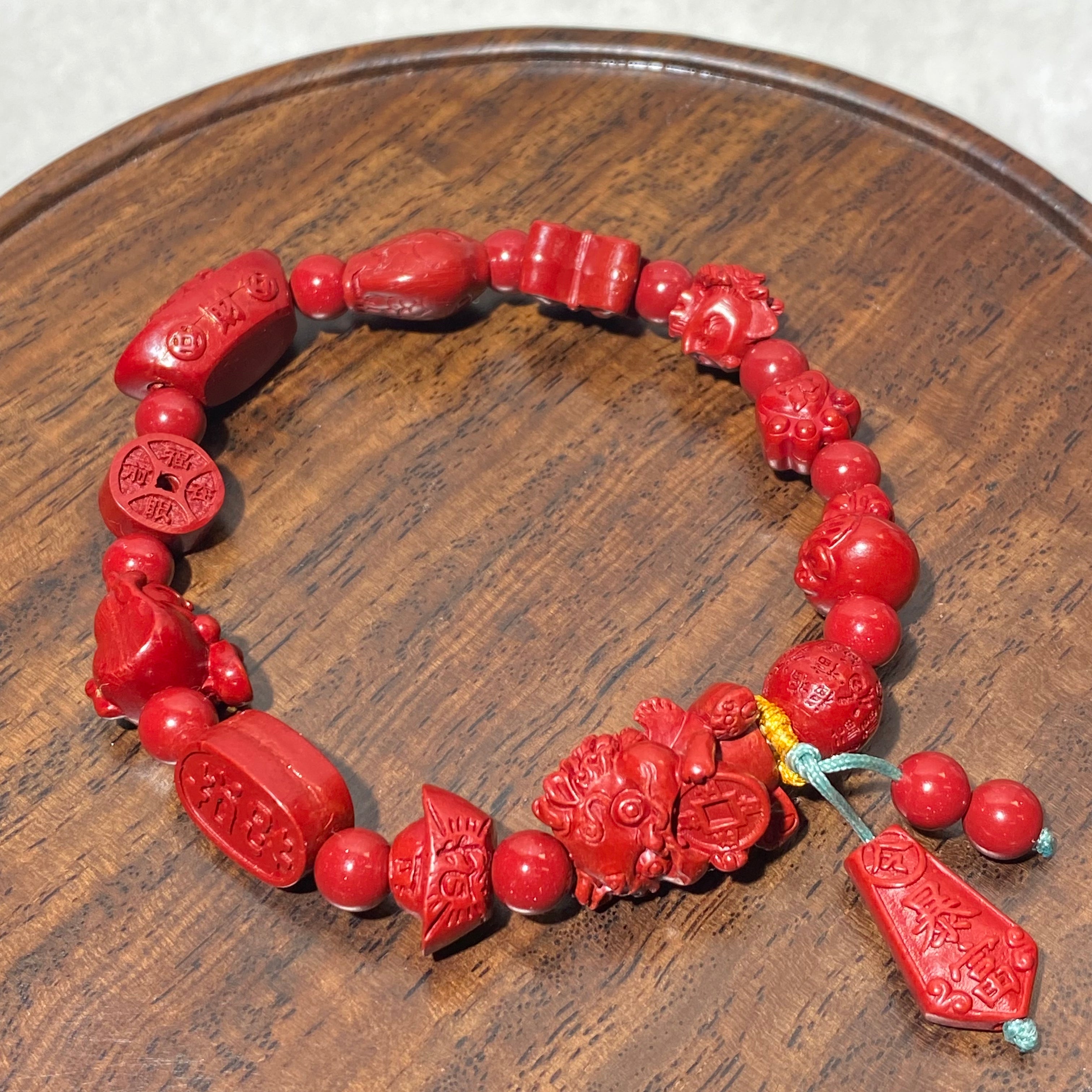 Natural Matte Red Cinnabar Multi-Pattern Carved Stretch Bracelet, Fits 16cm Wrist