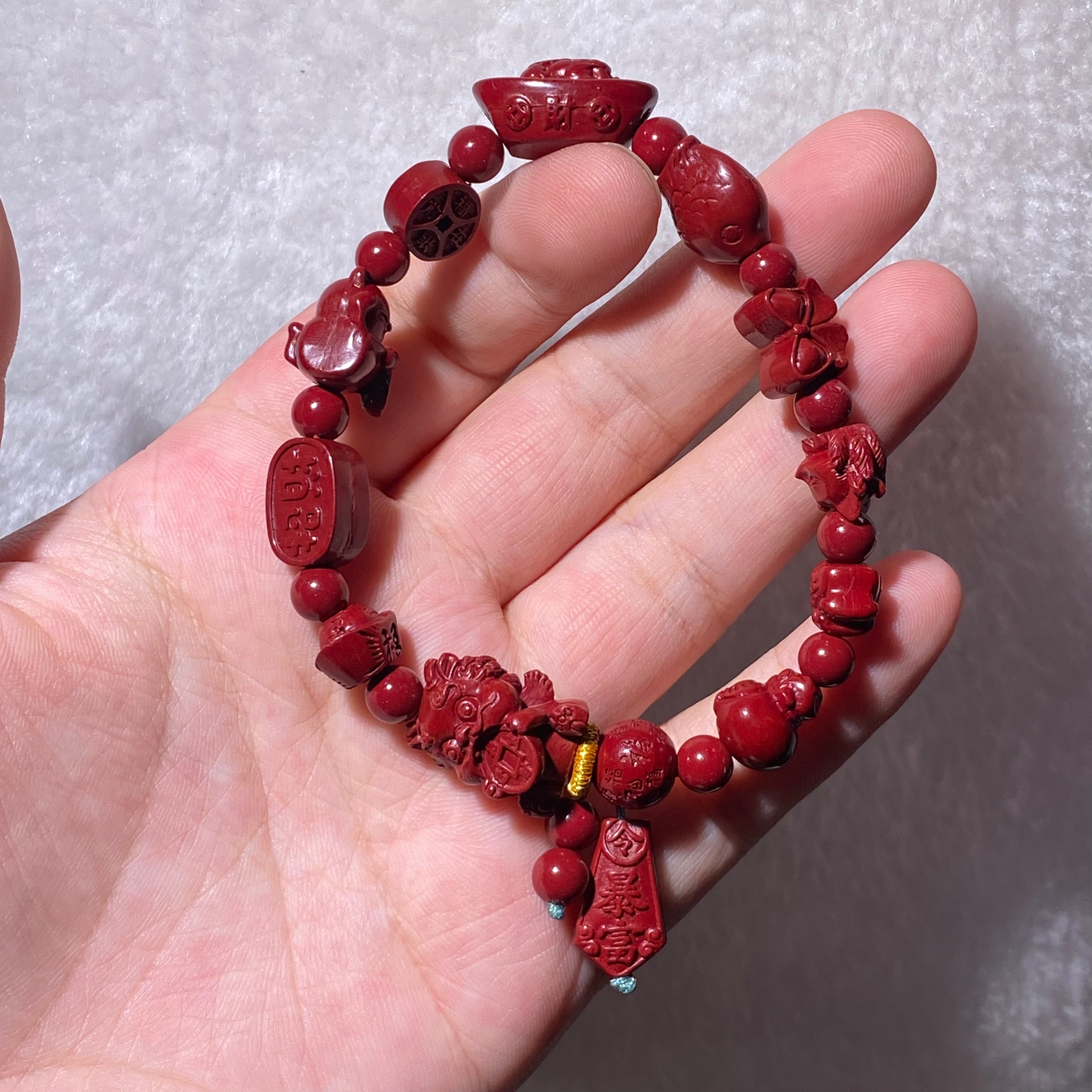 Natural Matte Red Cinnabar Multi-Pattern Carved Stretch Bracelet, Fits 16cm Wrist