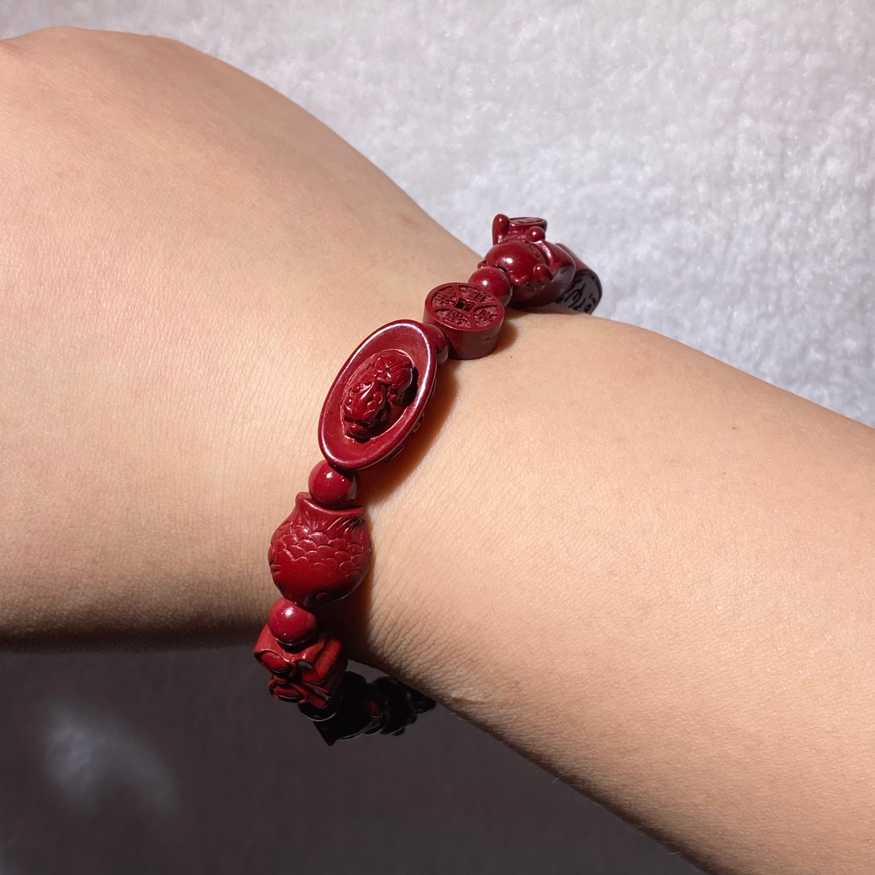 Natural Matte Red Cinnabar Multi-Pattern Carved Stretch Bracelet, Fits 16cm Wrist