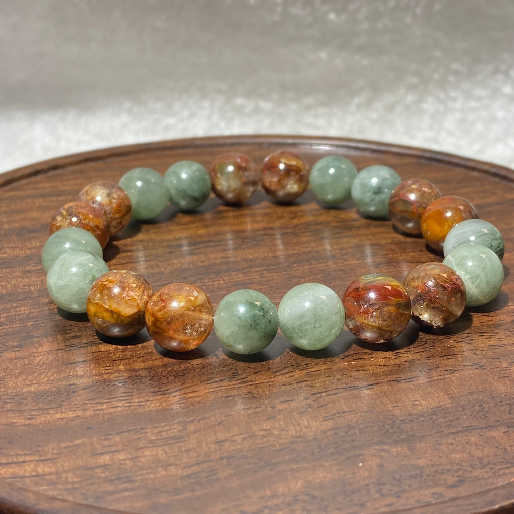 Natural Red & Green Mixed Rabbit Hair Quartz Stretch Bracelet, Fits 16cm Wrist | Root Sacral Chakra Wealth Vitality Crystal, Boost Career Luck & Physical Energy, Unisex Earth Tone Prosperity Wrist Jewelry Gift