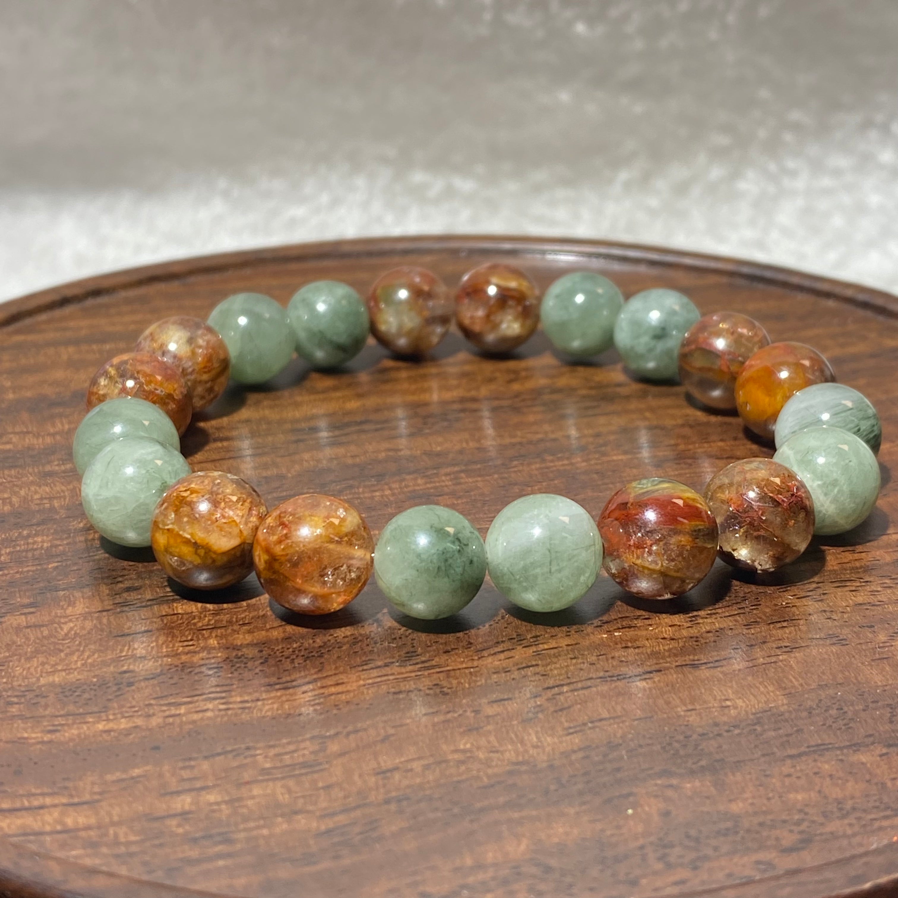 Natural Red & Green Mixed Rabbit Hair Quartz Stretch Bracelet, Fits 16cm Wrist | Root Sacral Chakra Wealth Vitality Crystal, Boost Career Luck & Physical Energy, Unisex Earth Tone Prosperity Wrist Jewelry Gift