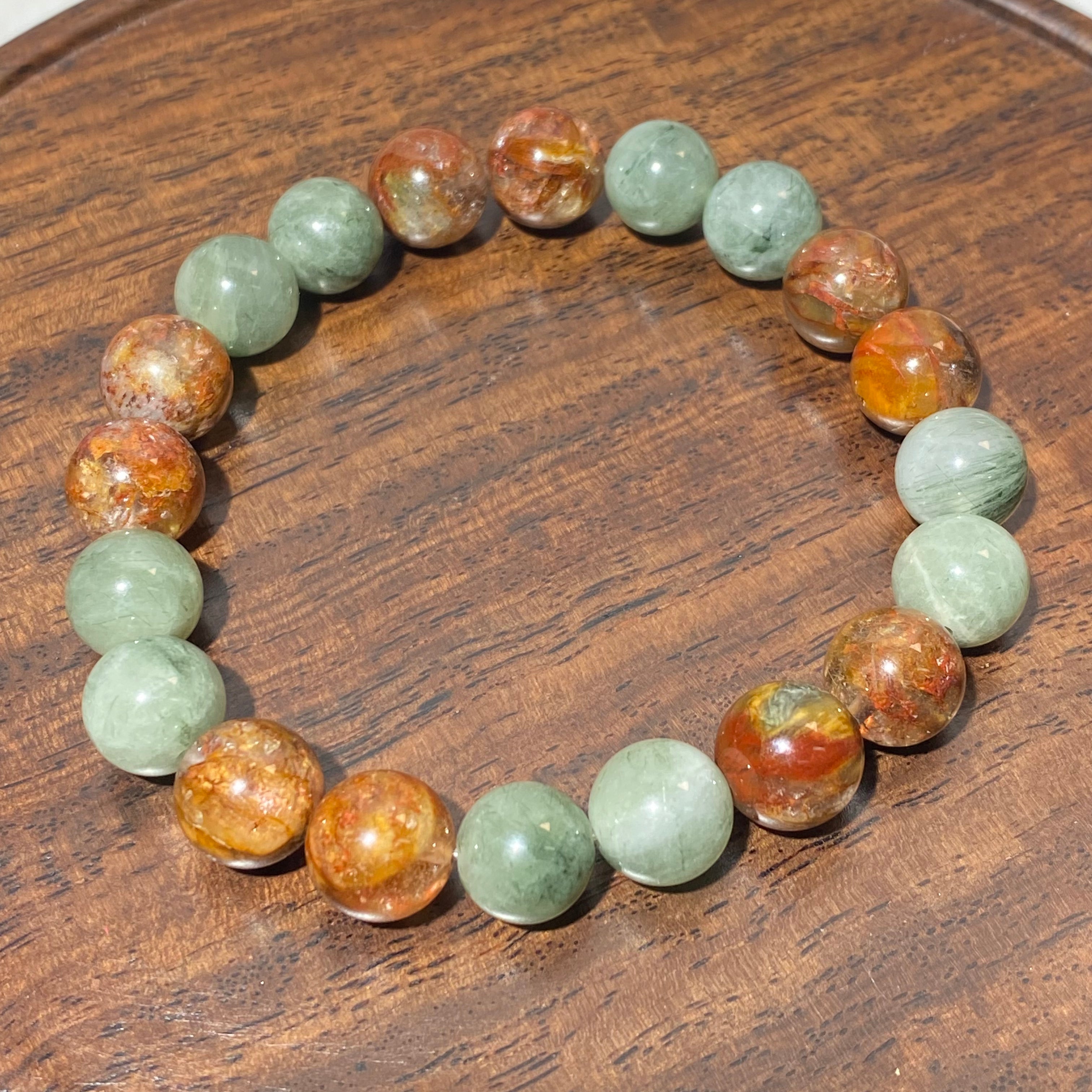 Natural Red & Green Mixed Rabbit Hair Quartz Stretch Bracelet, Fits 16cm Wrist | Root Sacral Chakra Wealth Vitality Crystal, Boost Career Luck & Physical Energy, Unisex Earth Tone Prosperity Wrist Jewelry Gift