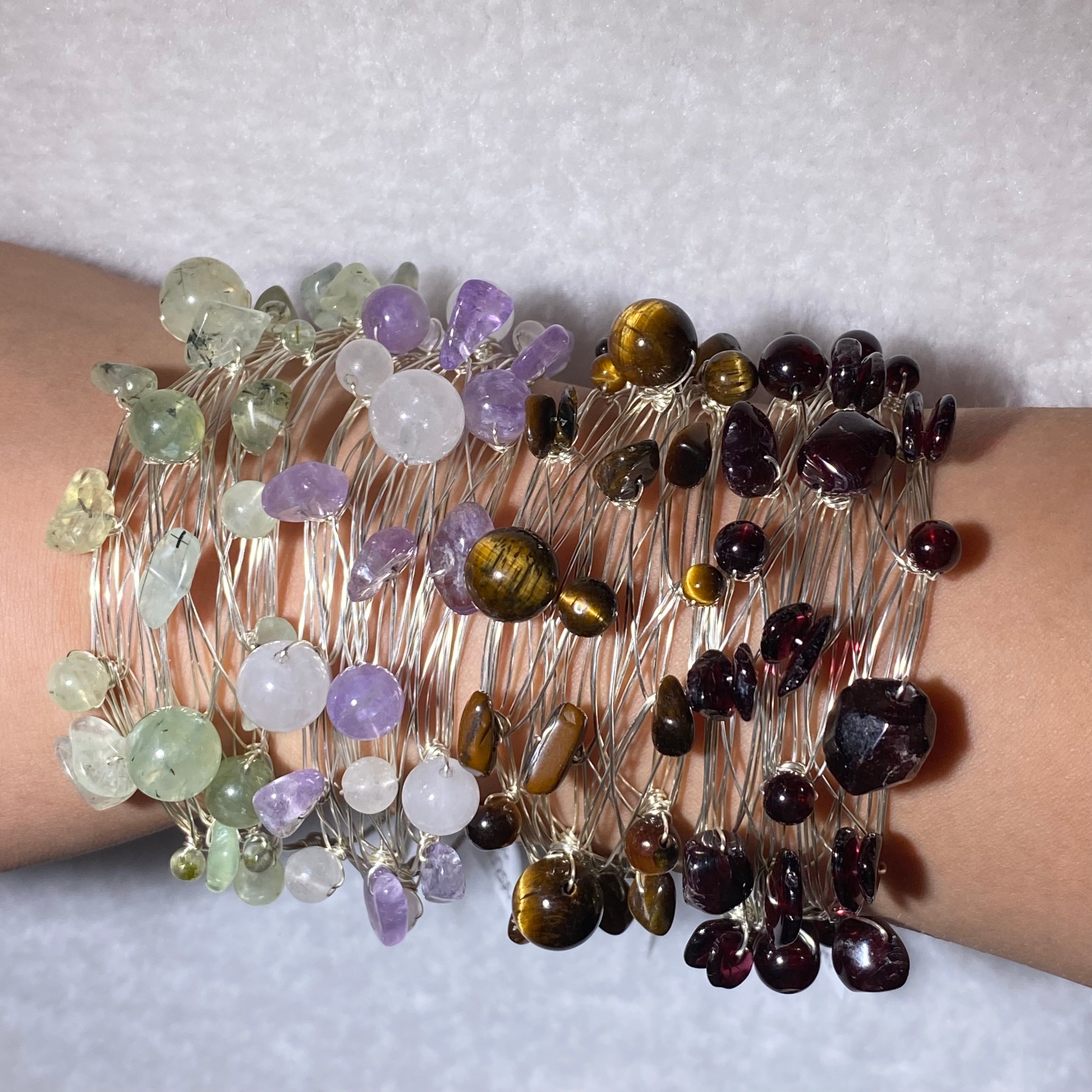 Multi-Layer Wire Wrapped Natural Mixed Tumbled Crystal Chip Cuff Bracelet, Fits 16cm Wrist
