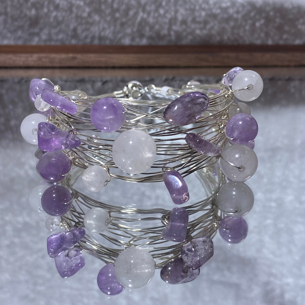 Multi-Layer Wire Wrapped Natural Mixed Tumbled Crystal Chip Cuff Bracelet, Fits 16cm Wrist