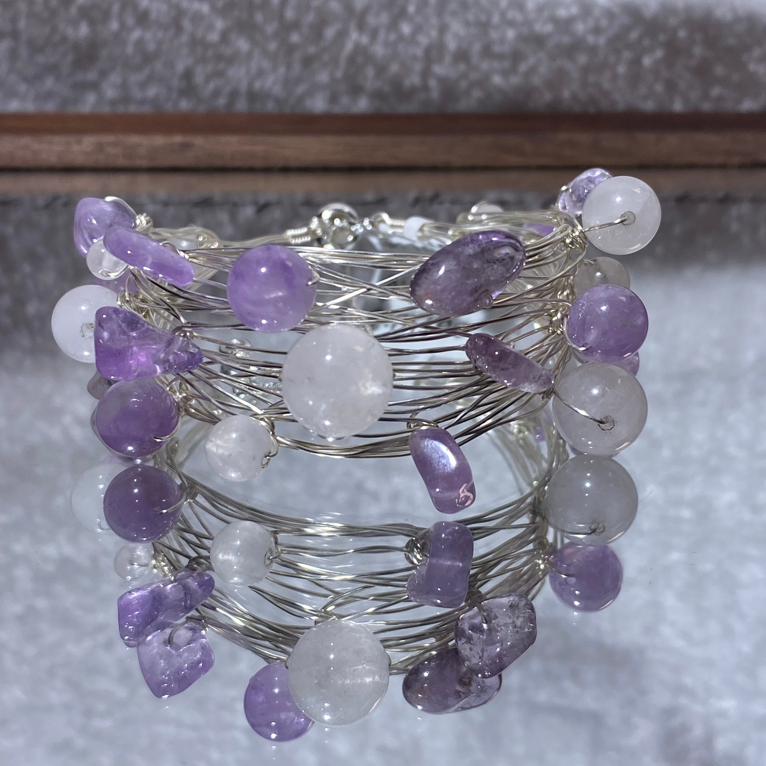 Multi-Layer Wire Wrapped Natural Mixed Tumbled Crystal Chip Cuff Bracelet, Fits 16cm Wrist